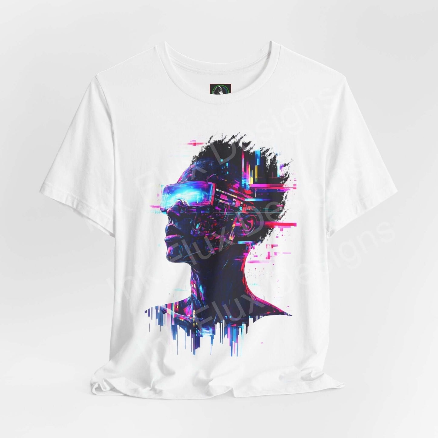 Cyberpunk Portrait IV graphic tee featuring vibrant, glitch-inspired art print on a white unisex T-shirt from Bella+Canvas.