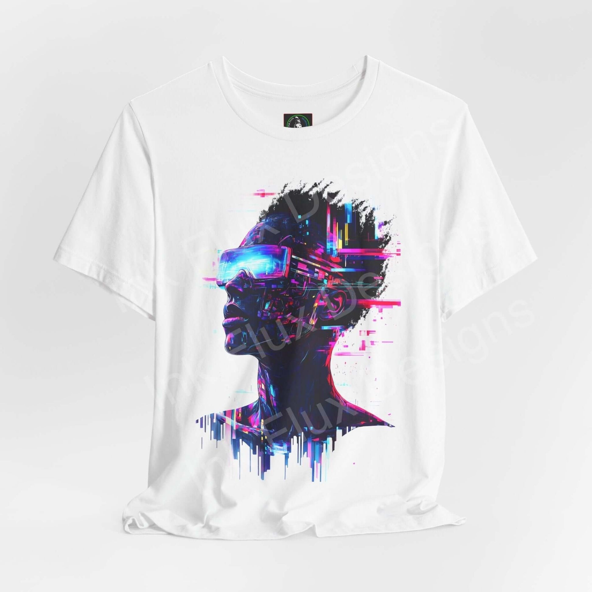 Cyberpunk t-shirt featuring Portrait IV neon vision futuristic art design by Ink Flux Designs.