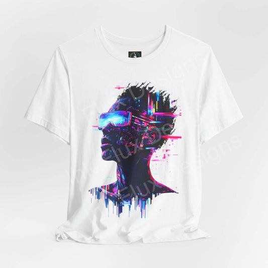 Cyberpunk t-shirt featuring Portrait IV neon vision futuristic art design by Ink Flux Designs.
