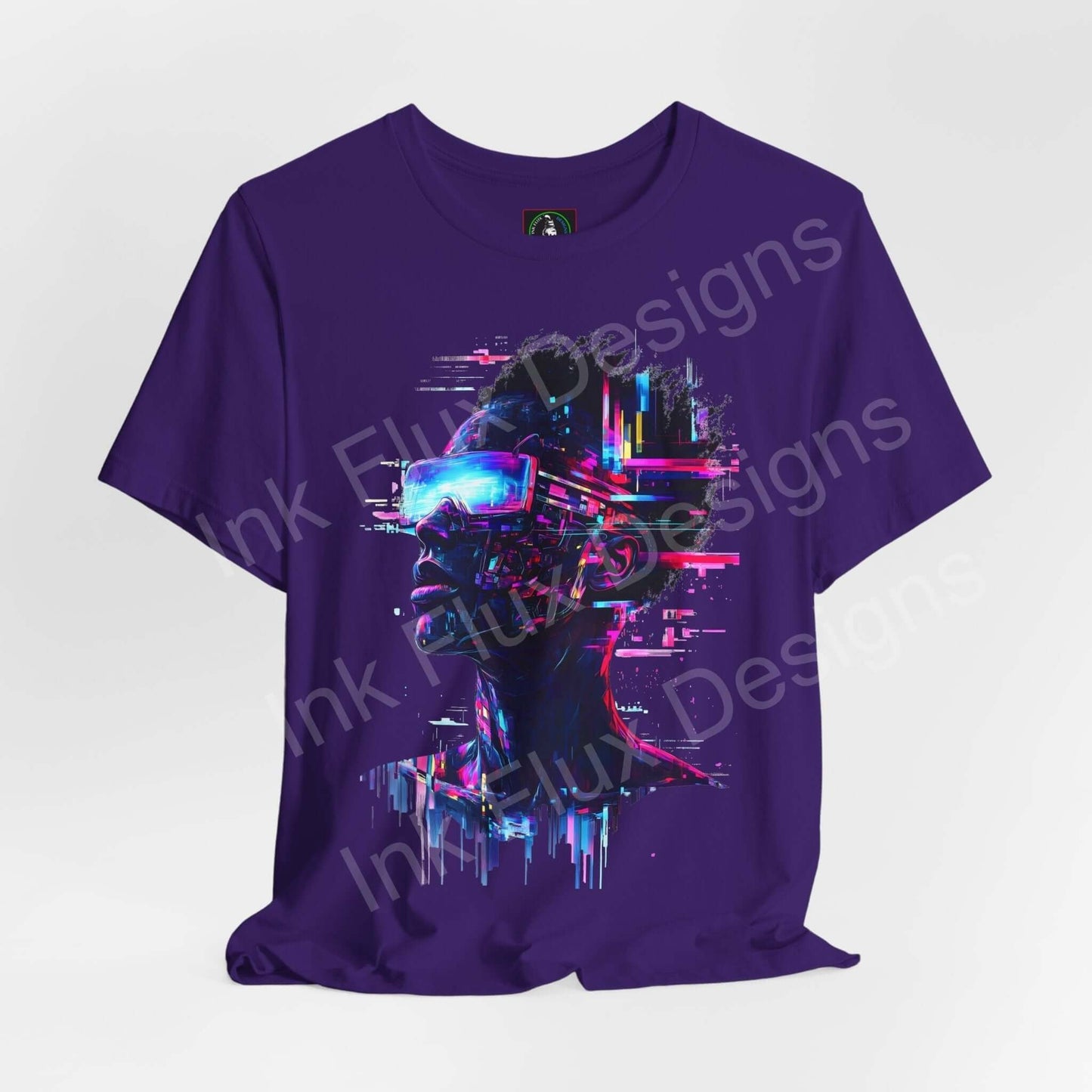 Cyberpunk themed graphic tee in purple featuring a vibrant, futuristic portrait design, ideal for fans of unique, stylish T-shirts.