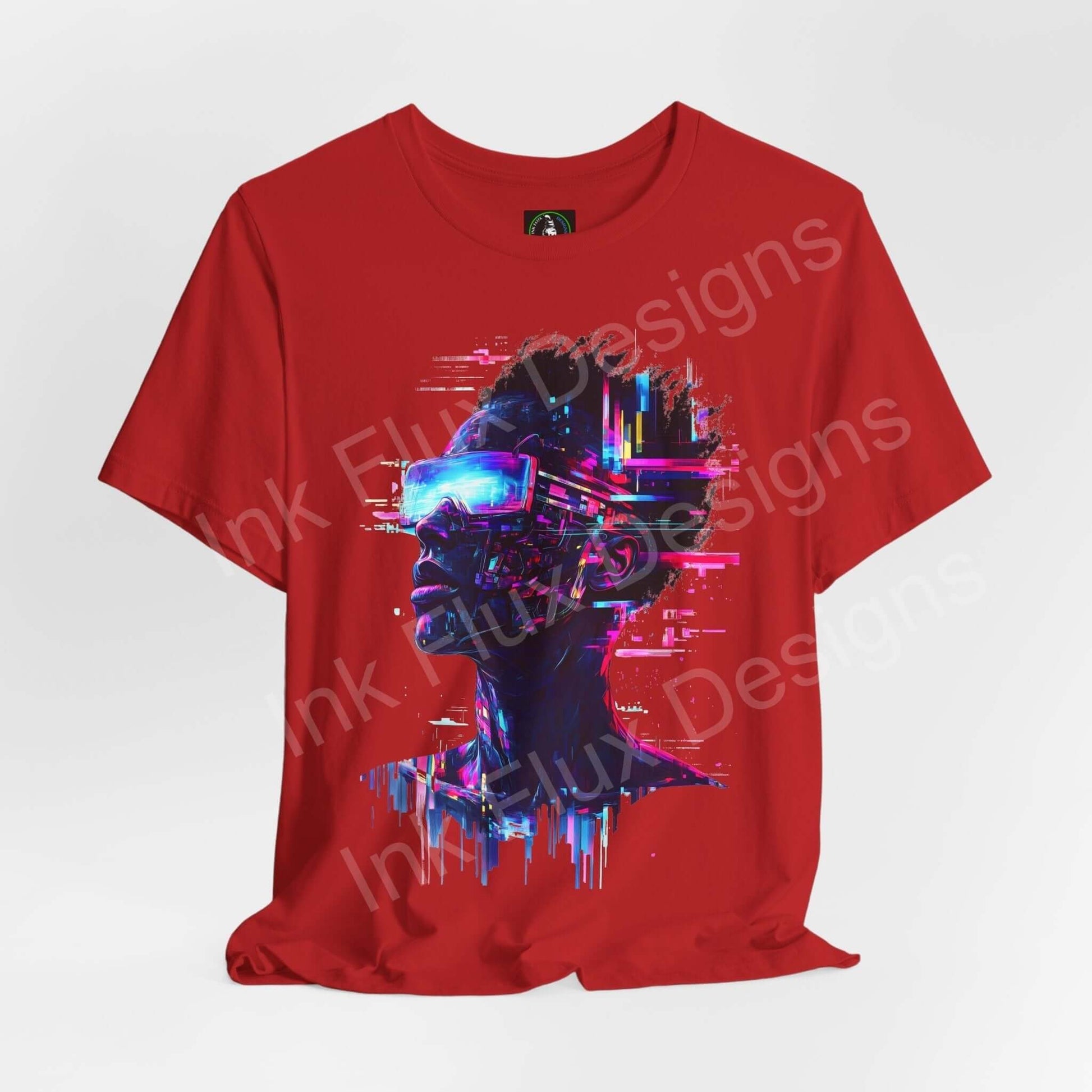 Cyberpunk T-Shirt – Portrait IV featuring a luminous portrait in neon colors on a red background by Ink Flux Designs.