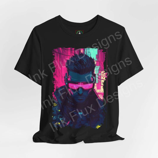 Black unisex Cyberpunk graphic tee featuring a vibrant portrait with neon pink and green tones, crafted by Bella+Canvas.