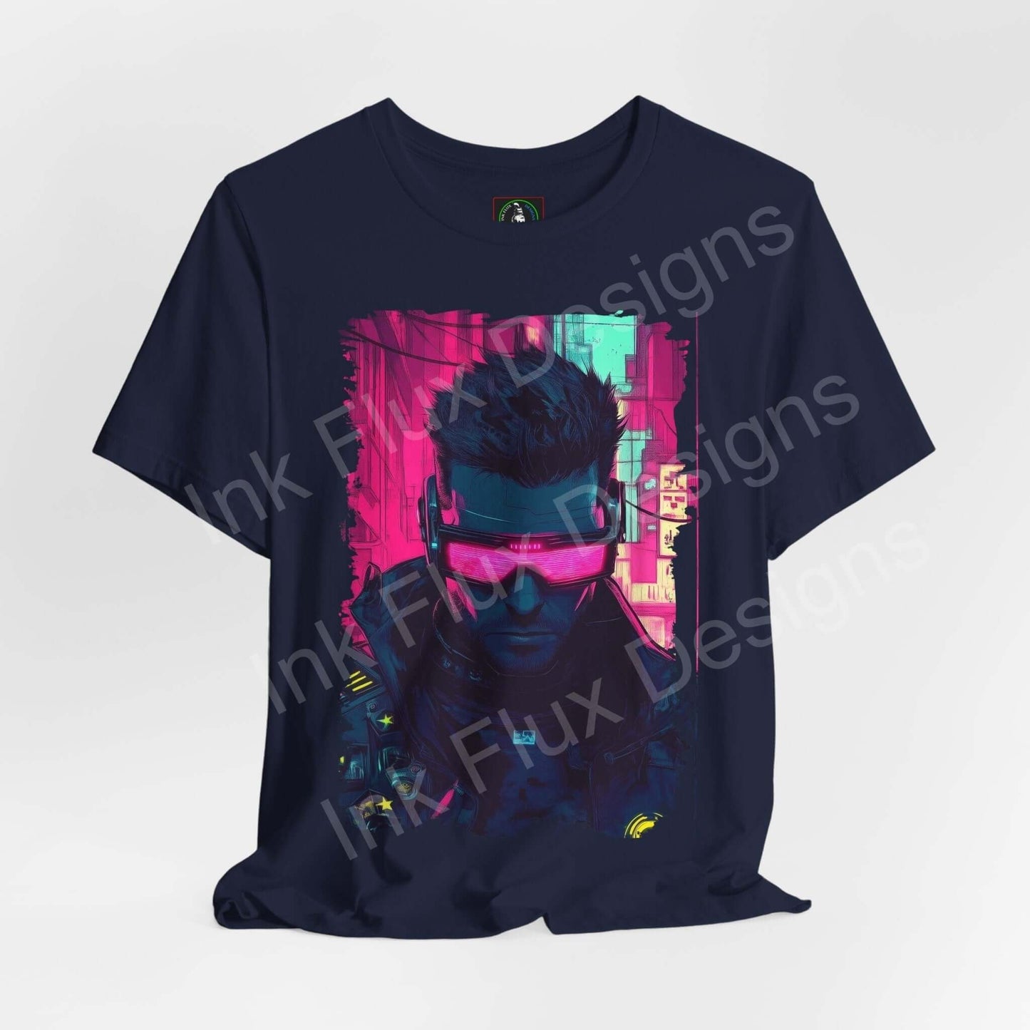 Cyberpunk graphic tee featuring a vibrant portrait of a character in neon pink and blue shades on a dark unisex T-shirt.