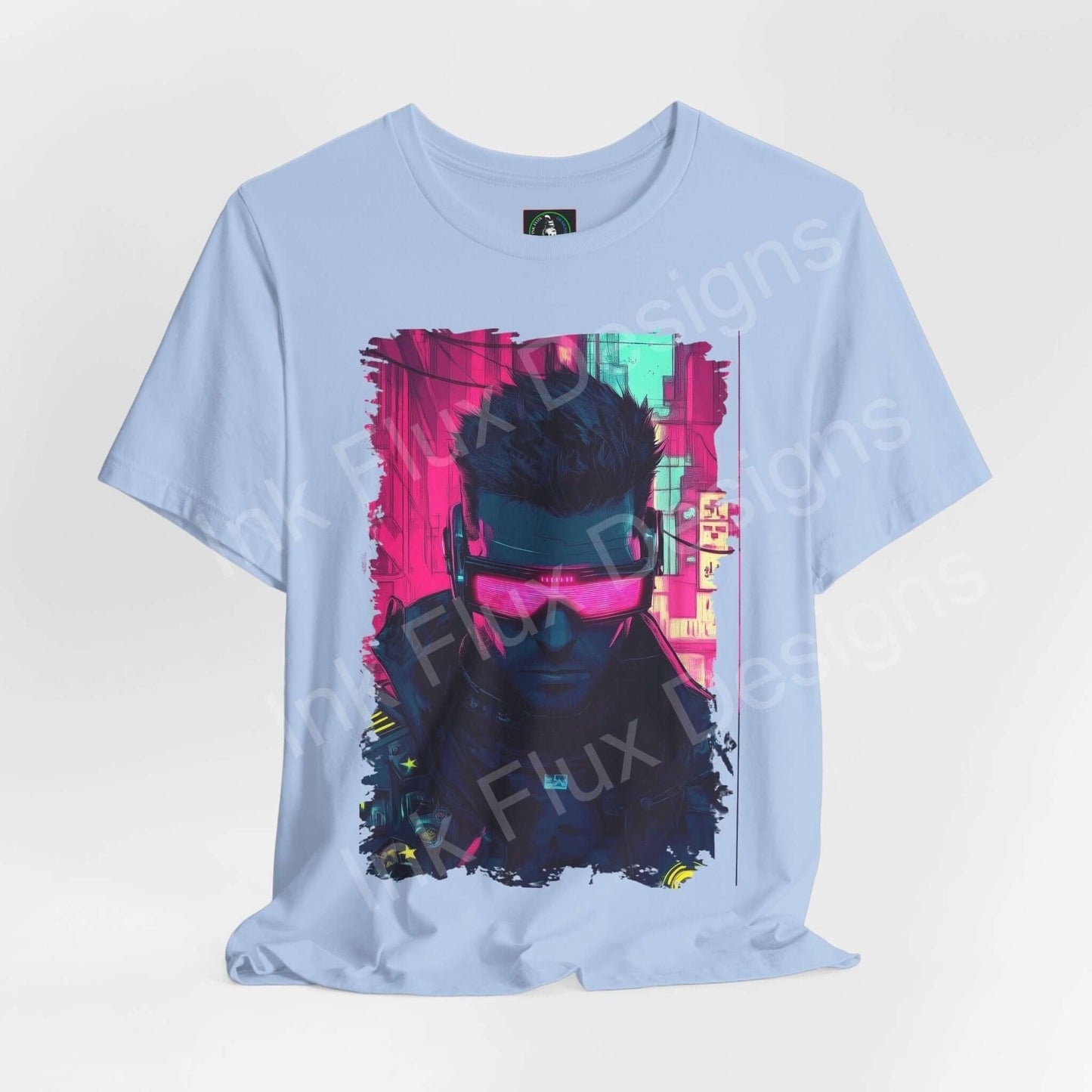 Cyberpunk graphic tee featuring a vibrant, neon portrait on a light blue Bella+Canvas T-shirt, highlighting ethically made, stylish comfort.