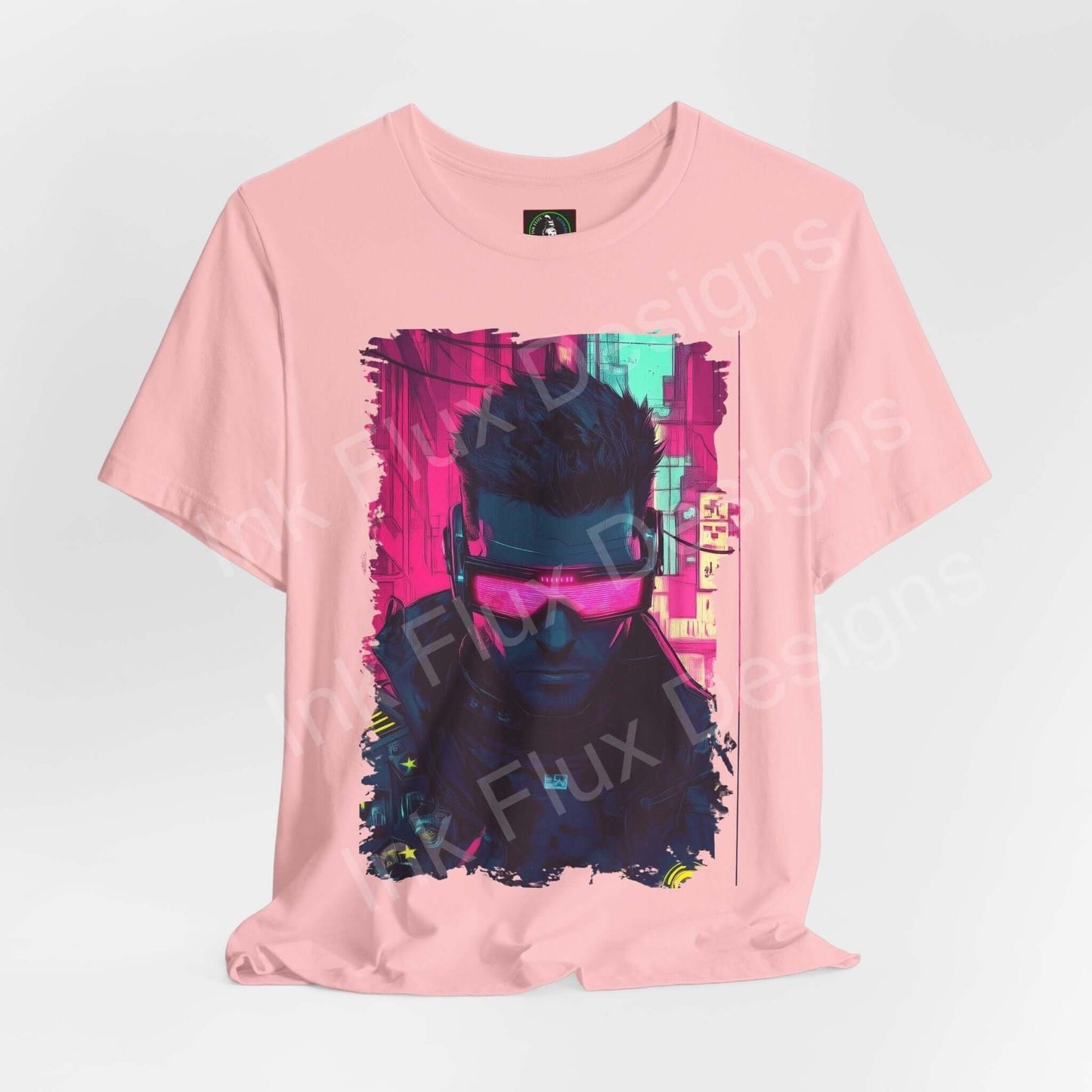 Pink Cyberpunk graphic tee featuring a stylized portrait with vibrant neon colors on a high-quality, ethically made T-shirt