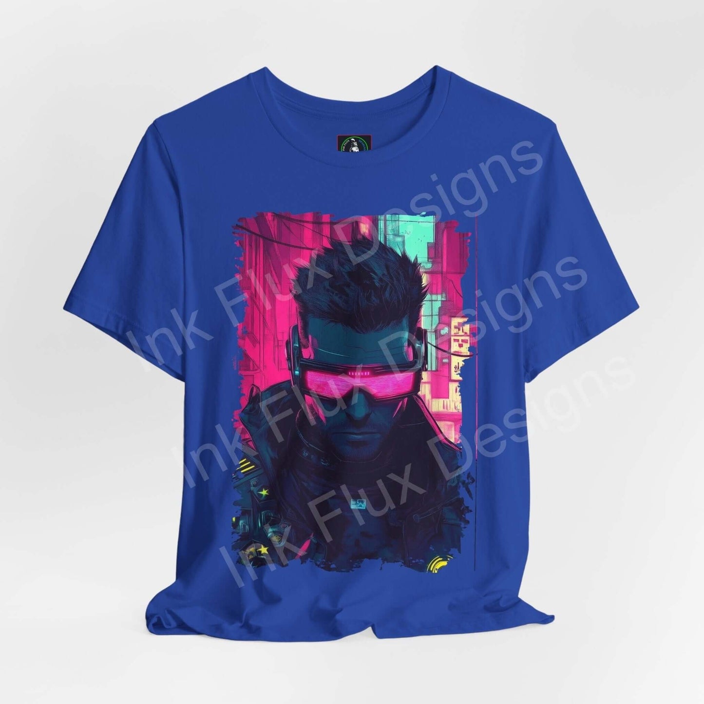 Cyberpunk graphic tee featuring a vibrant portrait with neon pink and blue hues on a blue unisex jersey T-shirt by Bella+Canvas.