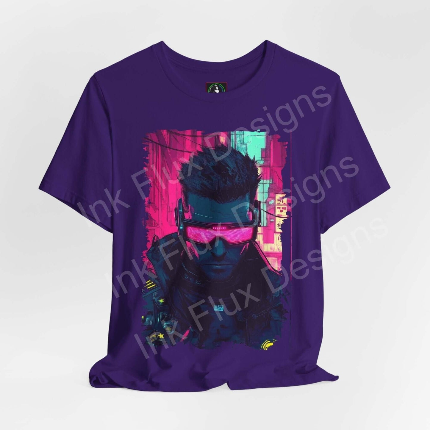 Vibrant purple Cyberpunk graphic tee featuring a stylized portrait with neon accents, designed by Faux Designs on Bella+Canvas shirt.