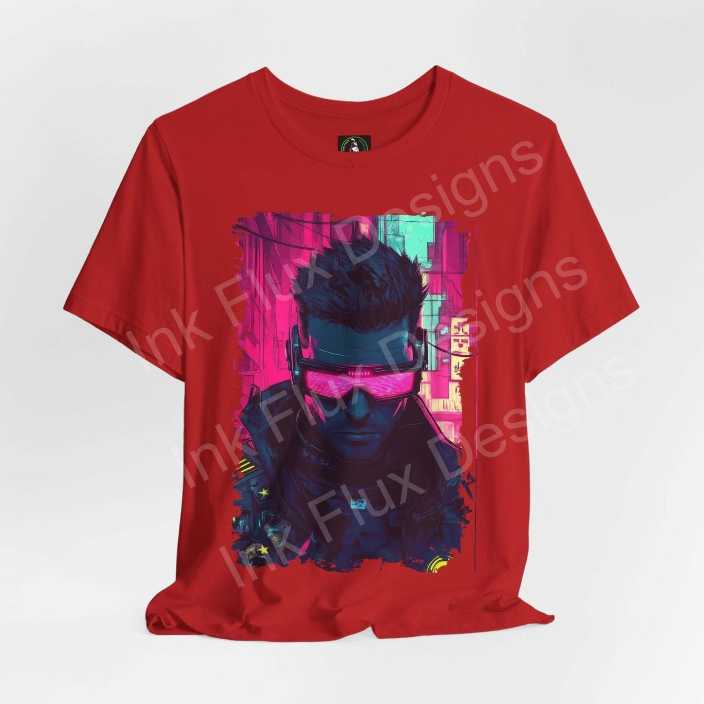 Cyberpunk graphic tee with a vibrant portrait of a character wearing neon glasses on a red T-shirt.