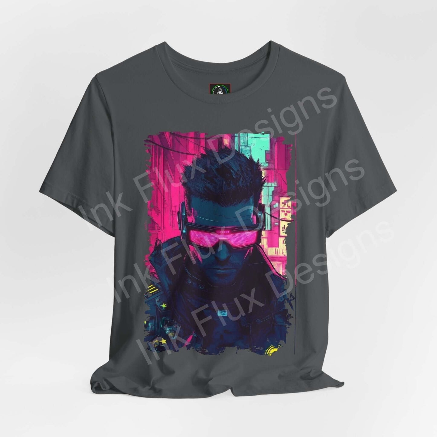 Cyberpunk graphic tee featuring a vibrant portrait print on a gray Bella+Canvas unisex T-shirt, highlighting stylish, ethically-made apparel.