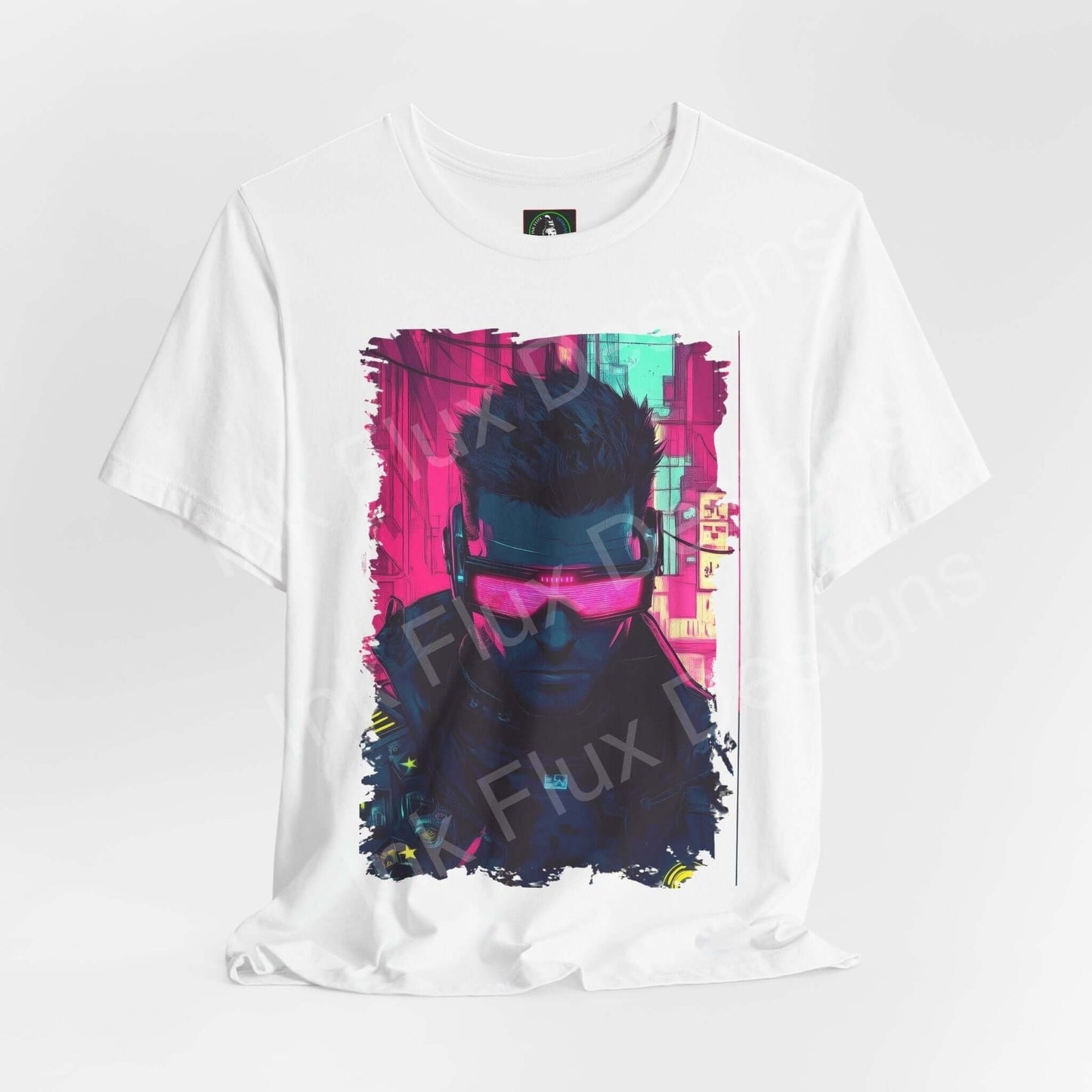 Cyberpunk graphic tee featuring vivid neon portrait on white unisex jersey T-shirt, showcasing sustainable and stylish design by Bella+Canvas.