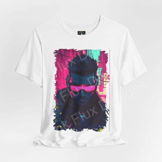 Cyberpunk graphic tee featuring vivid neon portrait on white unisex jersey T-shirt, showcasing sustainable and stylish design by Bella+Canvas.