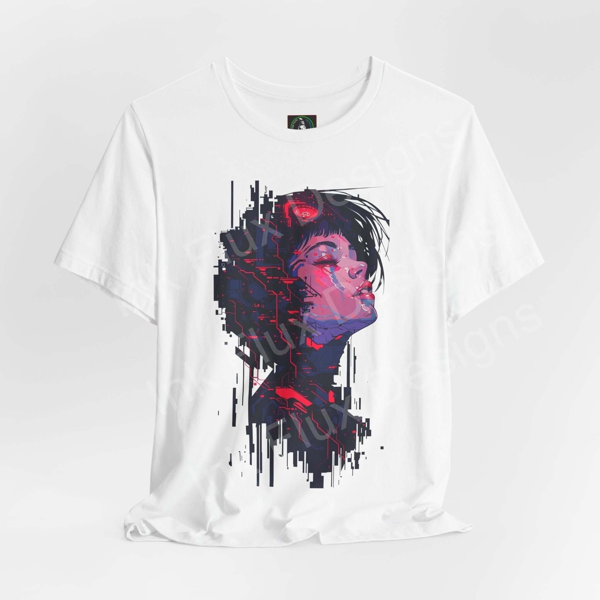 Cyberpunk t-shirt featuring Woman II neon futurism art by Ink Flux Designs with vibrant colors and a digital portrait.