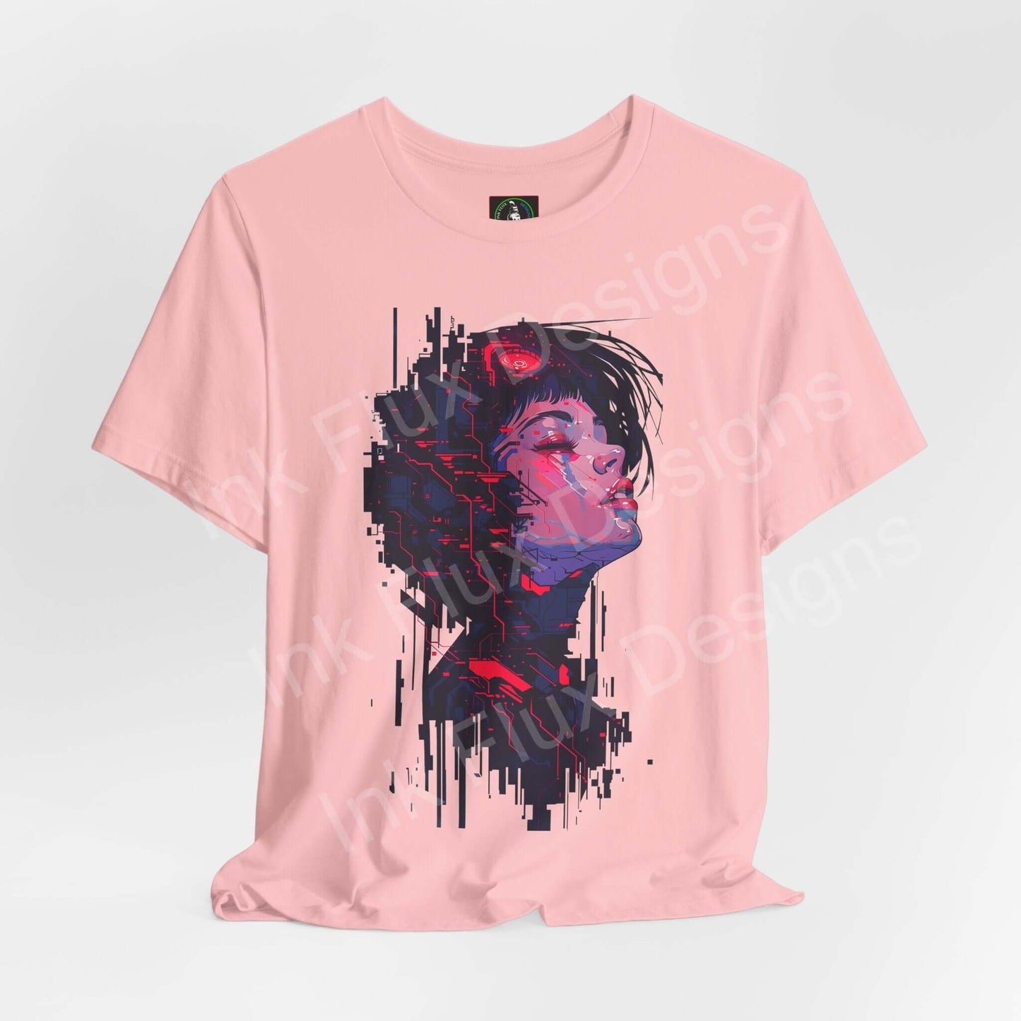 Pink unisex T-shirt featuring a vibrant cyberpunk graphic design of a woman's face in blue and red tones, crafted by Bella+Canvas.
