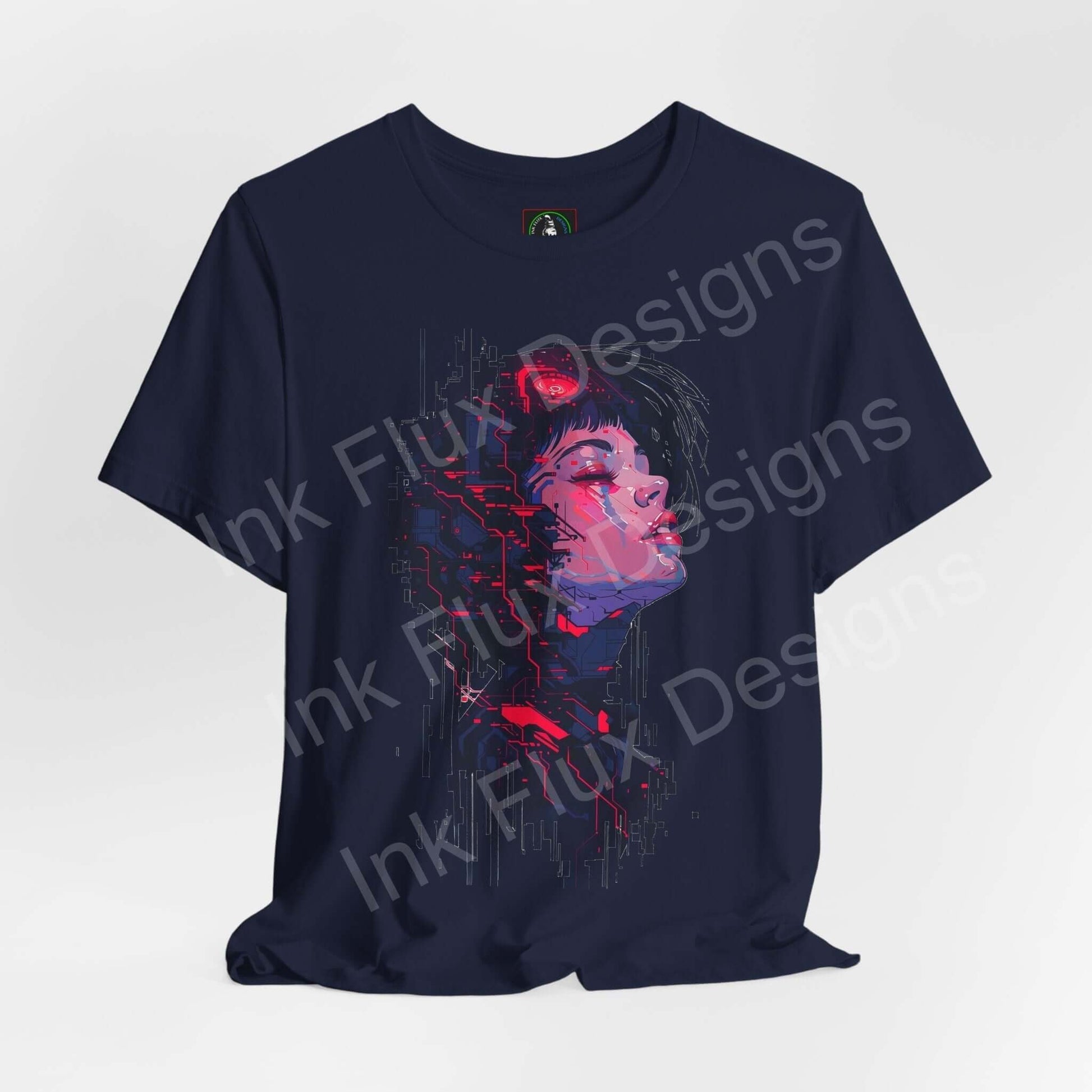 Cyberpunk t-shirt featuring bold neon art of a woman's face by Ink Flux Designs, emphasizing a futuristic style.