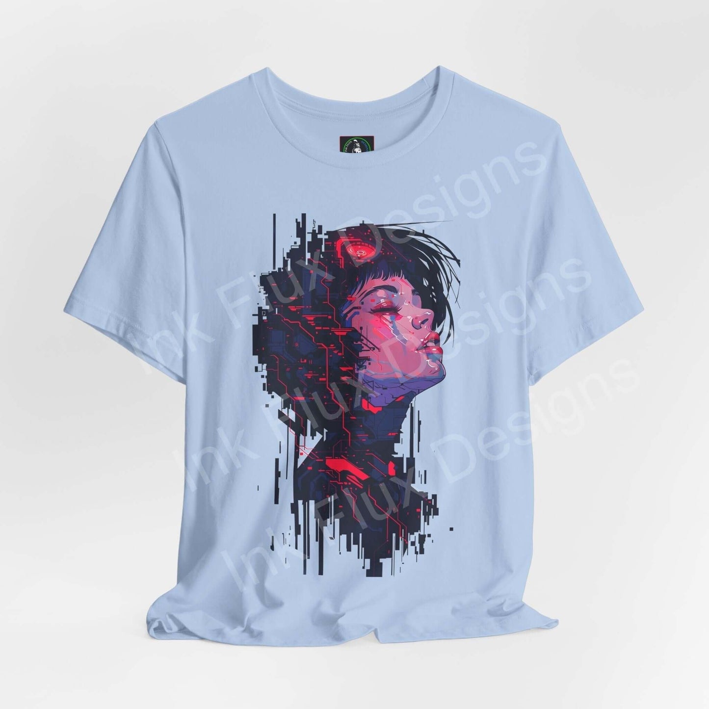 Light blue unisex jersey T-shirt featuring a striking cyberpunk graphic design of a woman's face in vibrant red and blue tones.