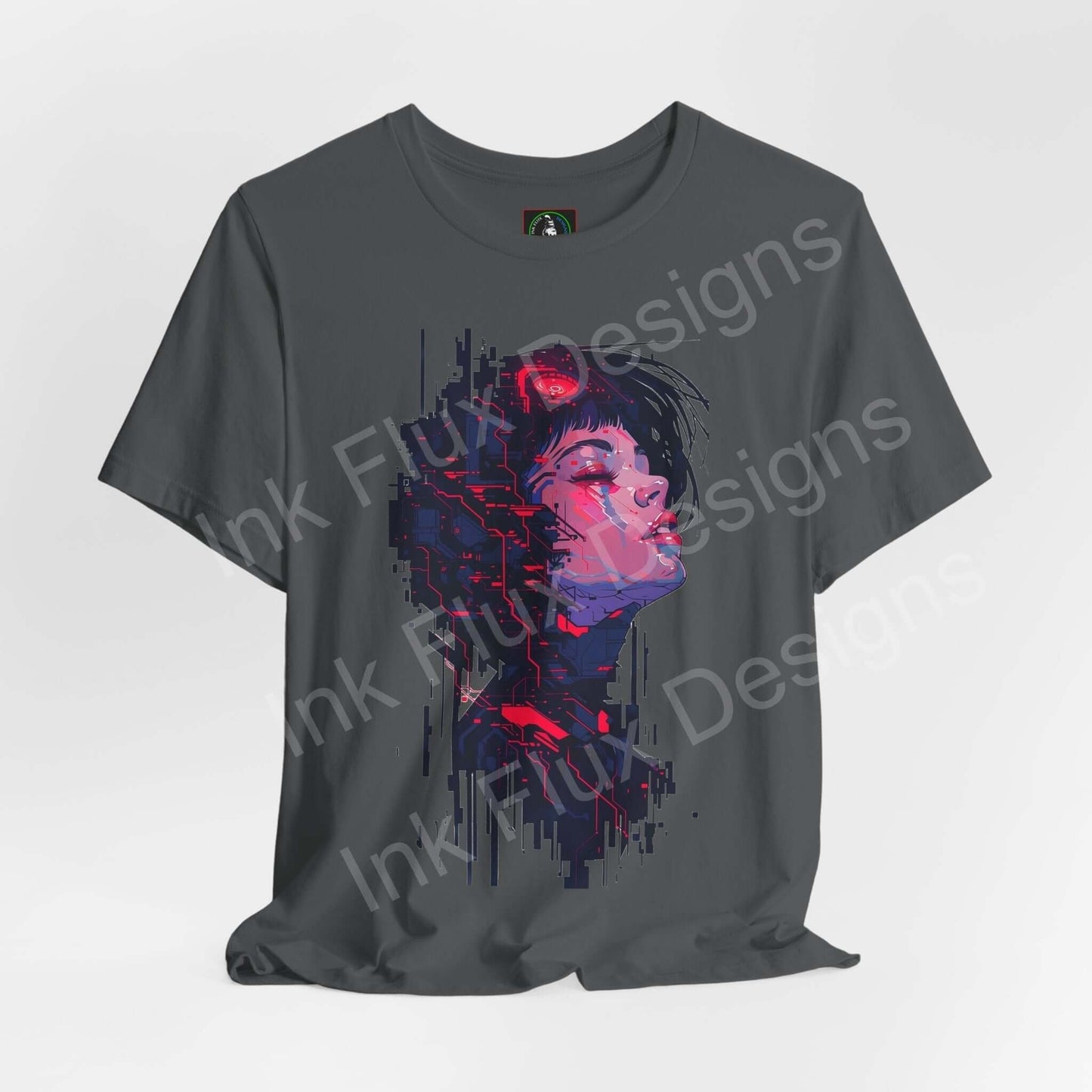 Cyberpunk Woman II graphic tee featuring a vibrant, digital-style portrait on a charcoal T-shirt, highlighting modern, stylish streetwear design.