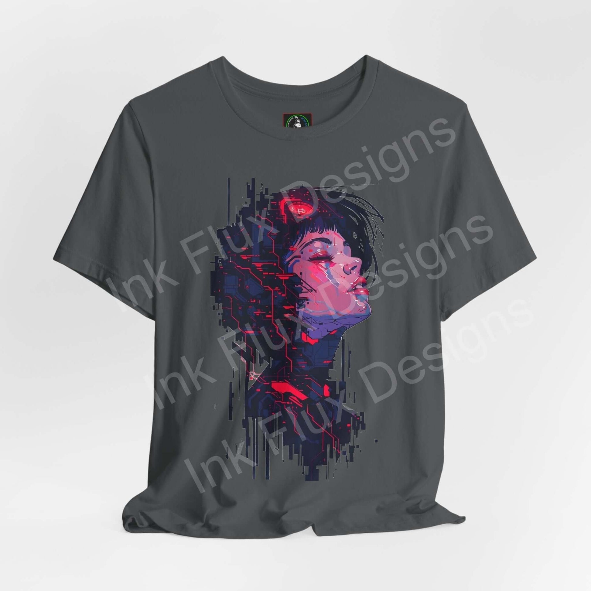 Cyberpunk T-Shirt – Woman II design featuring bold neon colors and digital art by Ink Flux Designs.