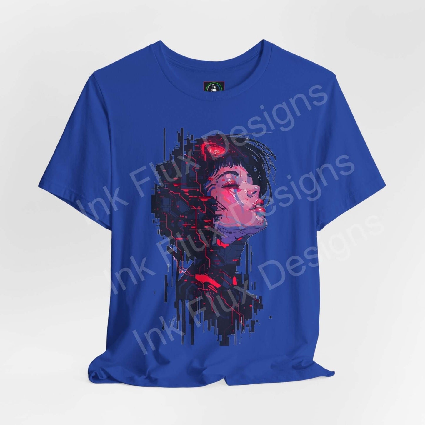 Blue unisex Cyberpunk Woman II graphic tee with vibrant digital art print on cotton fabric, designed for style and comfort.