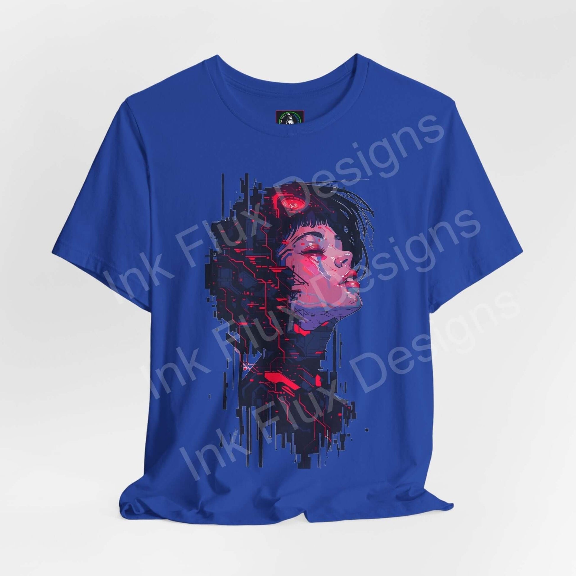 Cyberpunk T-Shirt – Woman II design featuring neon futurism art by Ink Flux Designs on a blue background.