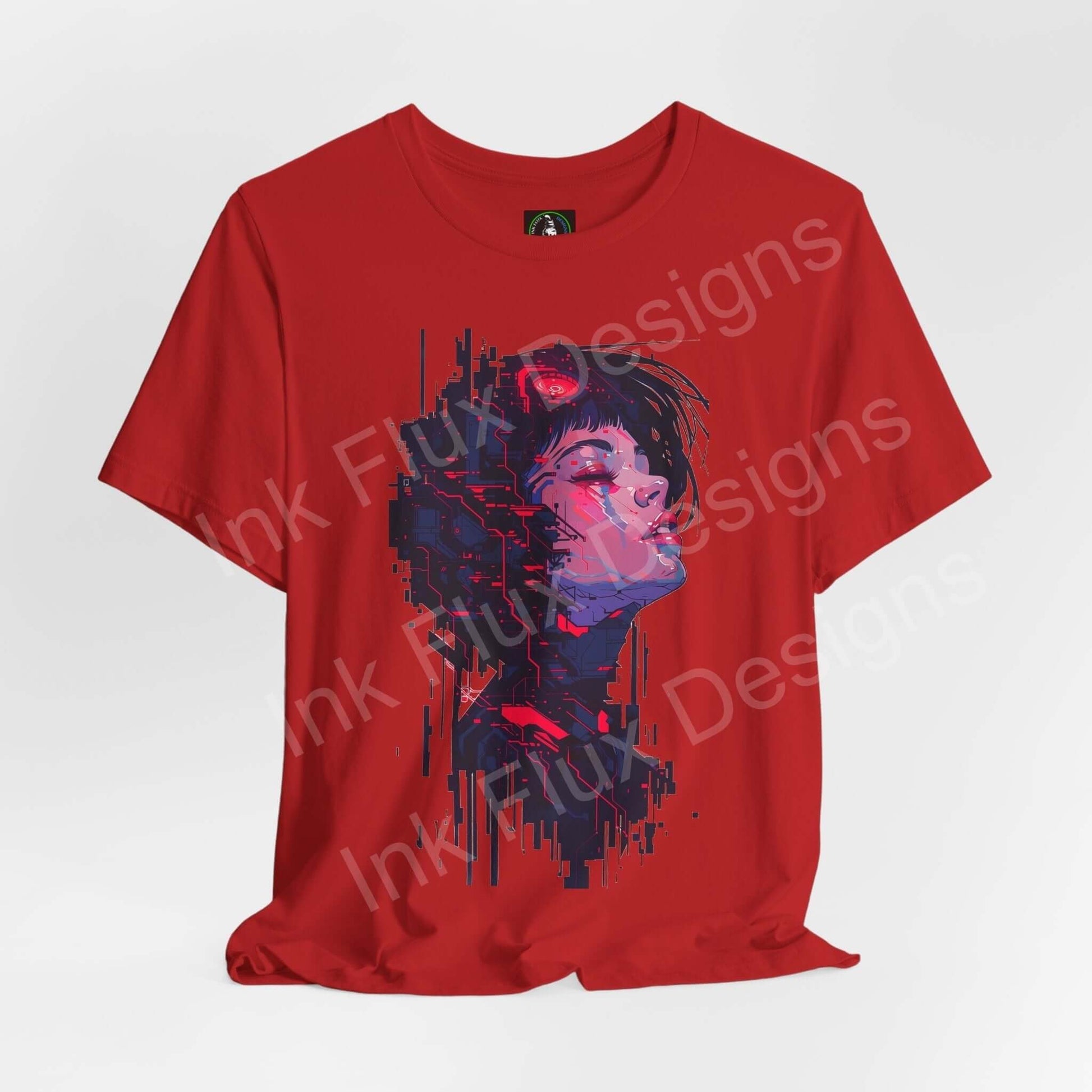 Cyberpunk T-Shirt – Woman II Neon Futurism Art by Ink Flux Designs on a red background showcasing vibrant digital art.
