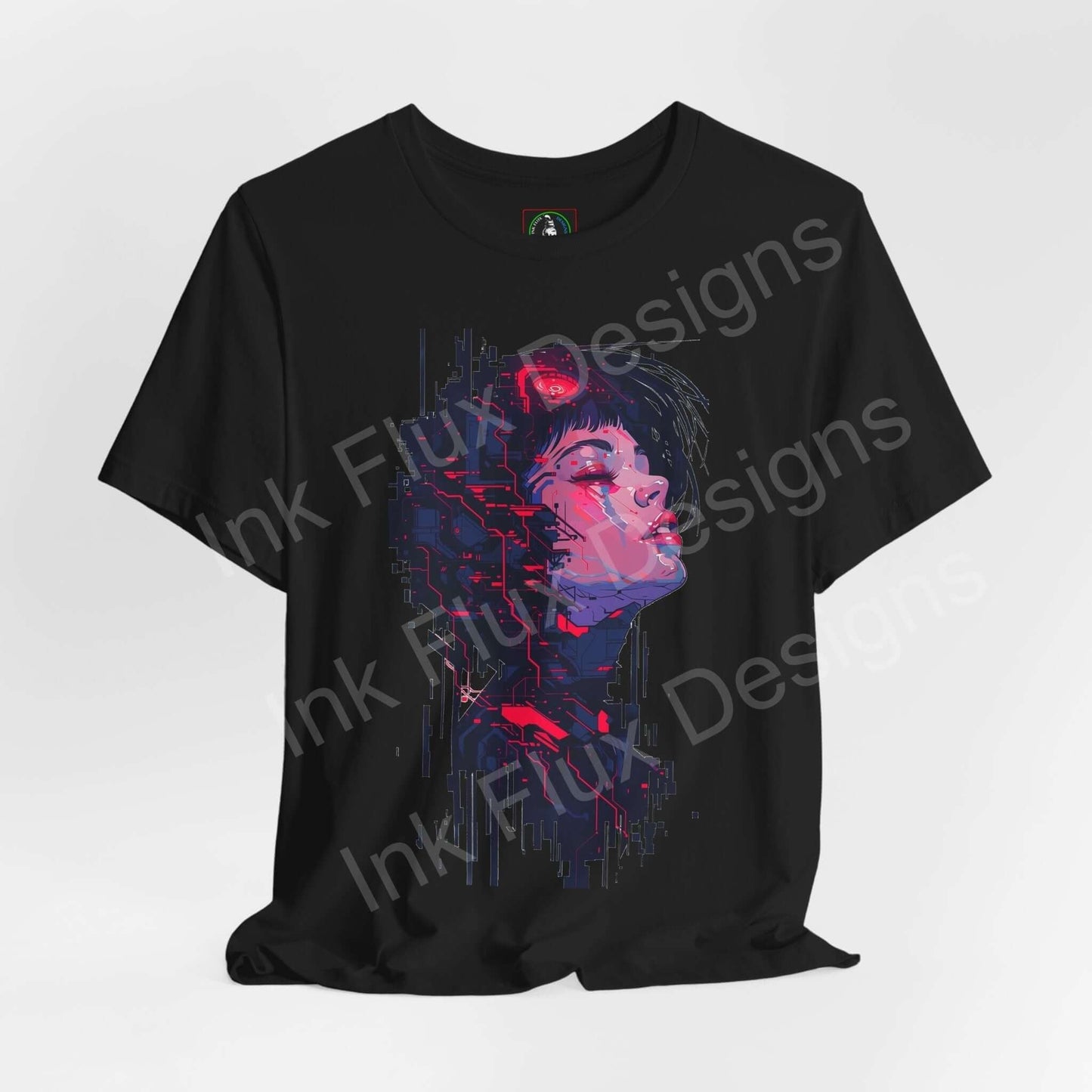 Cyberpunk Woman II graphic tee featuring a vibrant, futuristic design on a black unisex jersey T-shirt, ideal for fans of unique, stylish tees.