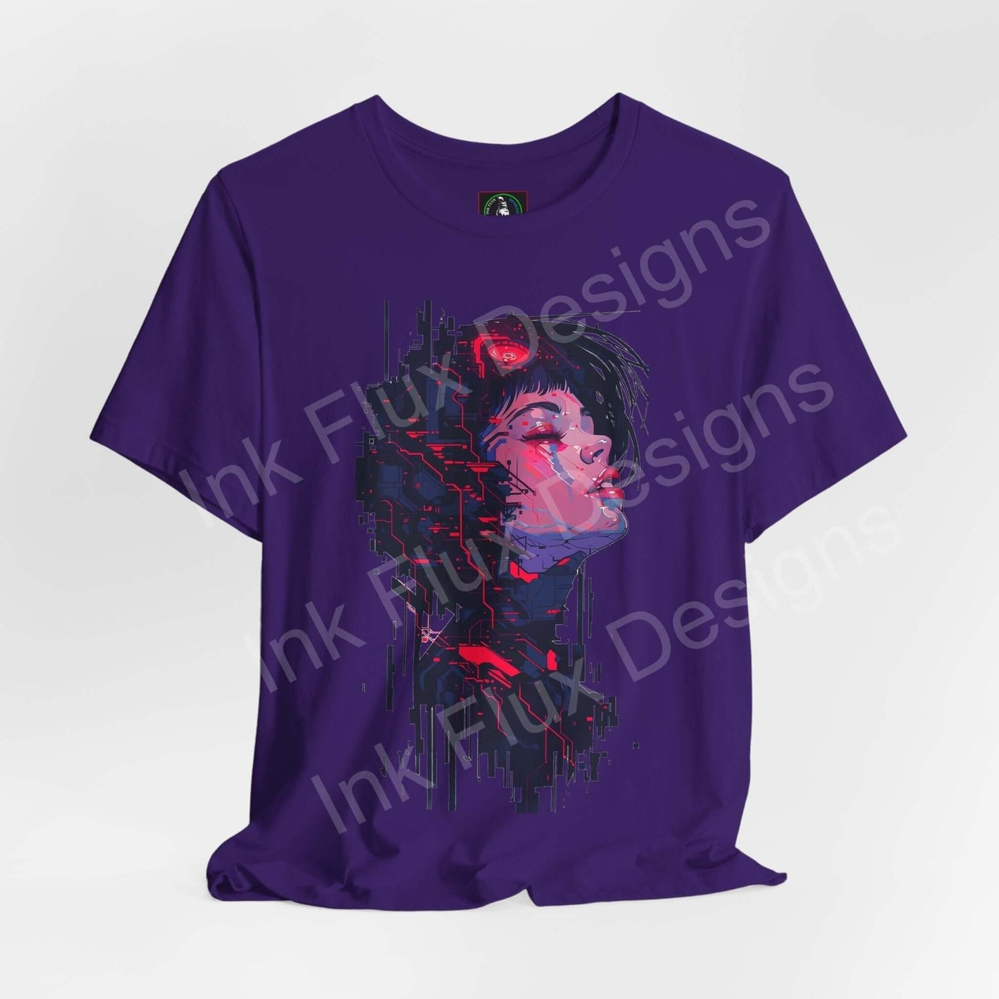 Cyberpunk Woman graphic tee in purple, featuring a stylized female face with vibrant digital art elements, perfect for T-shirt enthusiasts seeking unique cyber-style apparel.