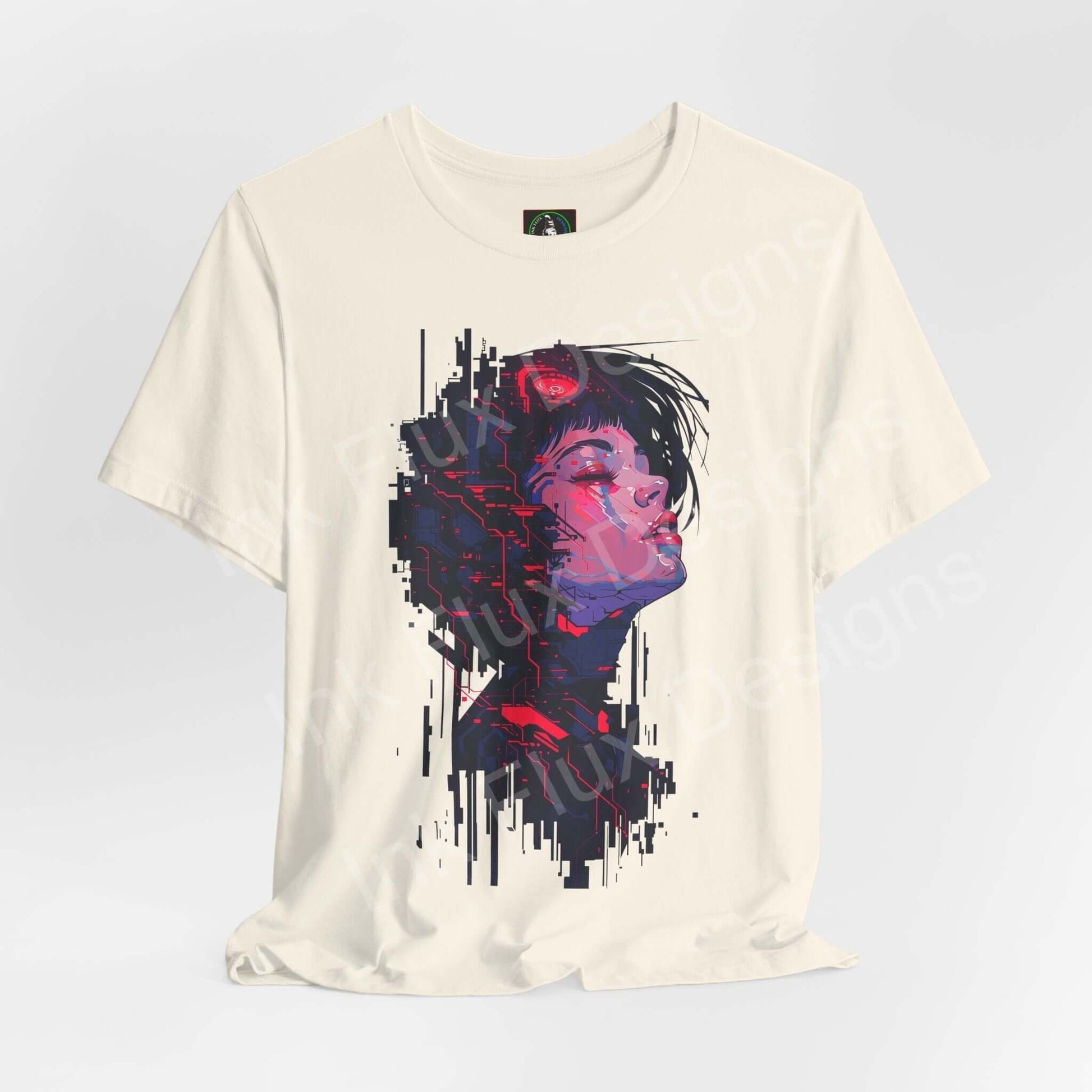 Cyberpunk t-shirt featuring Woman II neon futurism art by Ink Flux Designs on a stylish cream background.