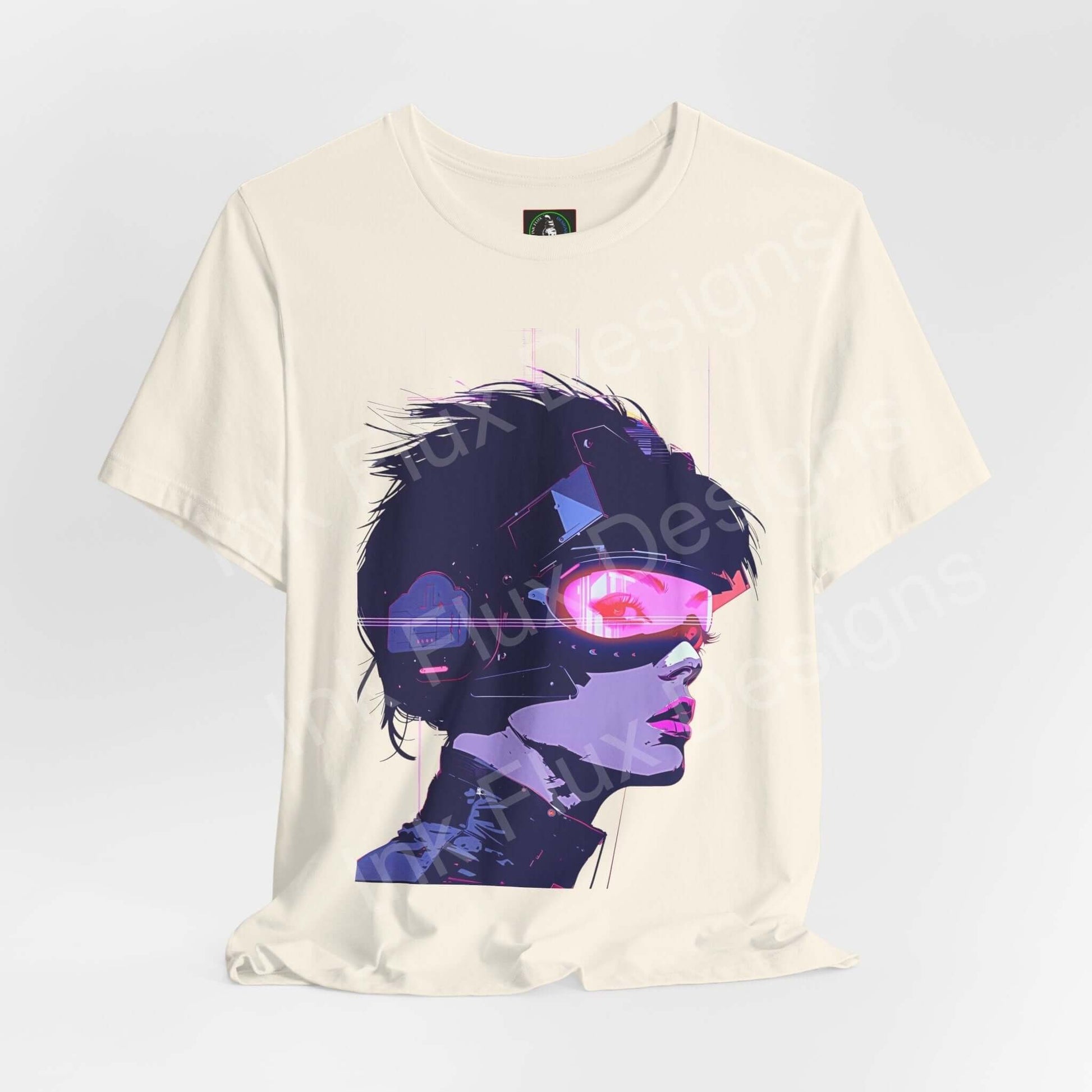 Cyberpunk T-Shirt – Woman III features a neon art design by Ink Flux Designs, showcasing a futuristic character with bold colors.