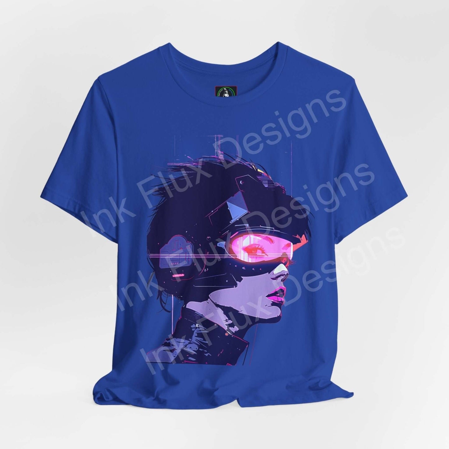 Blue unisex T-shirt featuring a vibrant graphic print of a cyberpunk woman with glowing glasses, from the Cyberpunk Woman III collection.