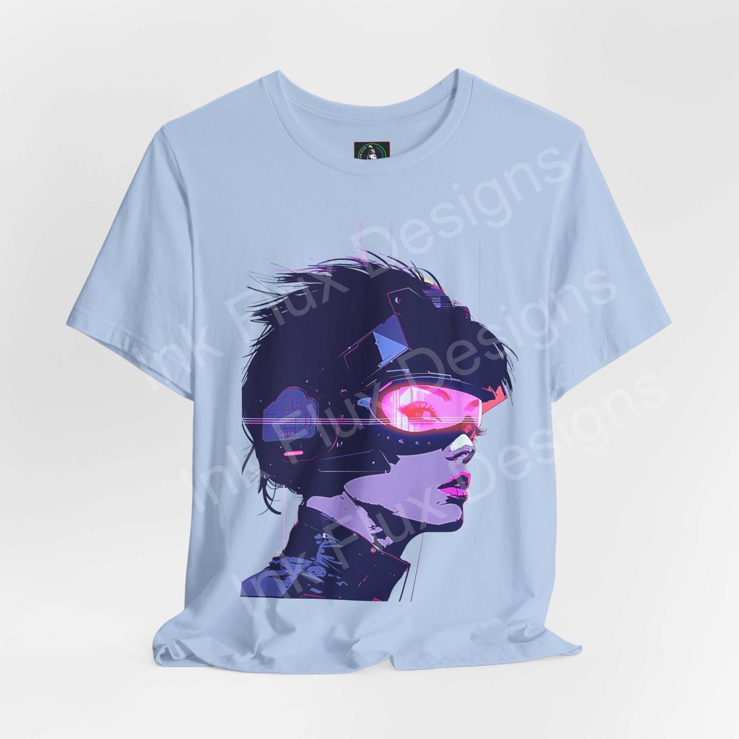Light blue unisex T-shirt featuring a vibrant cyberpunk woman graphic, designed for style and comfort, from Bella+Canvas.
