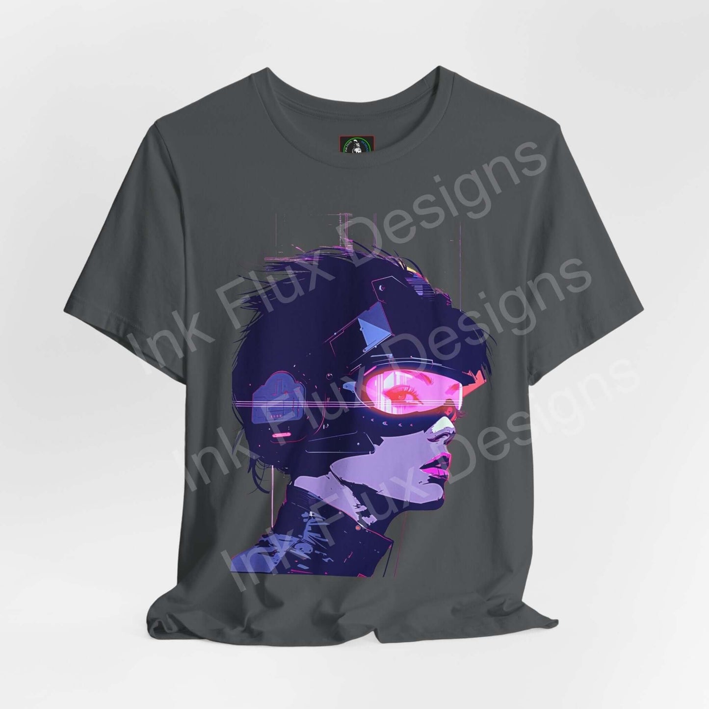 Cyberpunk Woman III graphic tee in gray, featuring a vibrant, futuristic design with neon accents on a unisex, tailored-fit T-shirt.