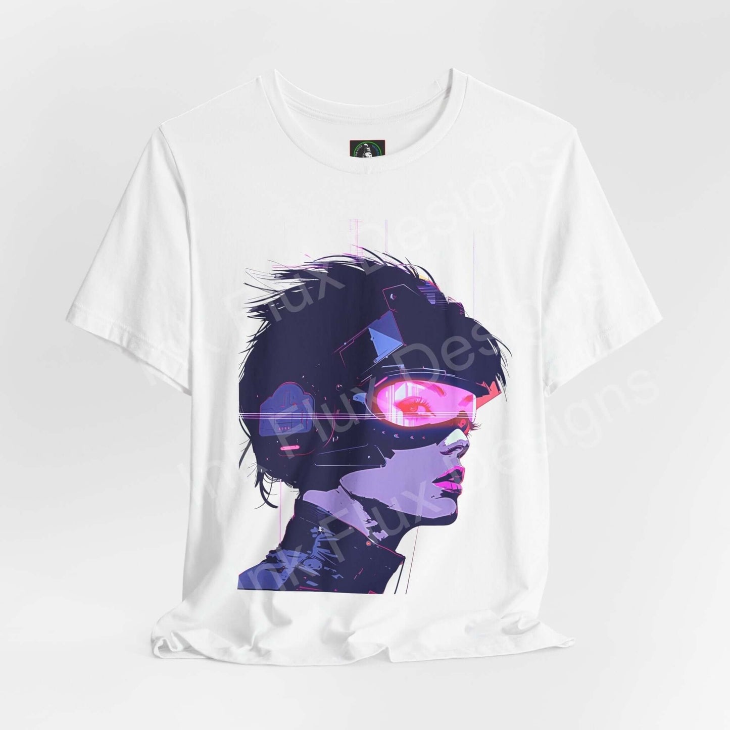 White unisex Cyberpunk graphic tee featuring a stylized woman with neon goggles, ideal for fans of futuristic fashion.