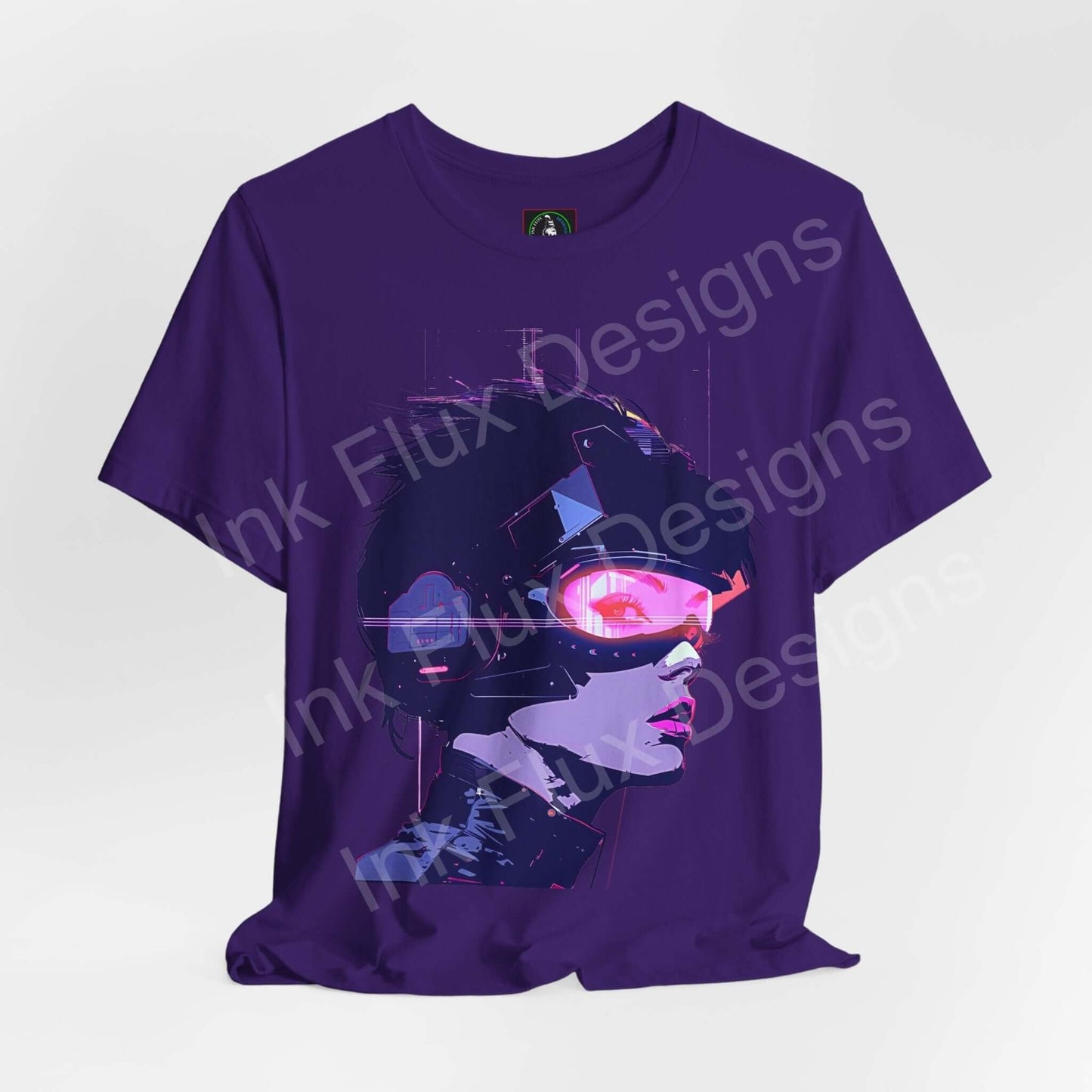 Purple unisex graphic tee featuring a vibrant cyberpunk woman design, with glowing goggles and futuristic style, from Bella+Canvas.