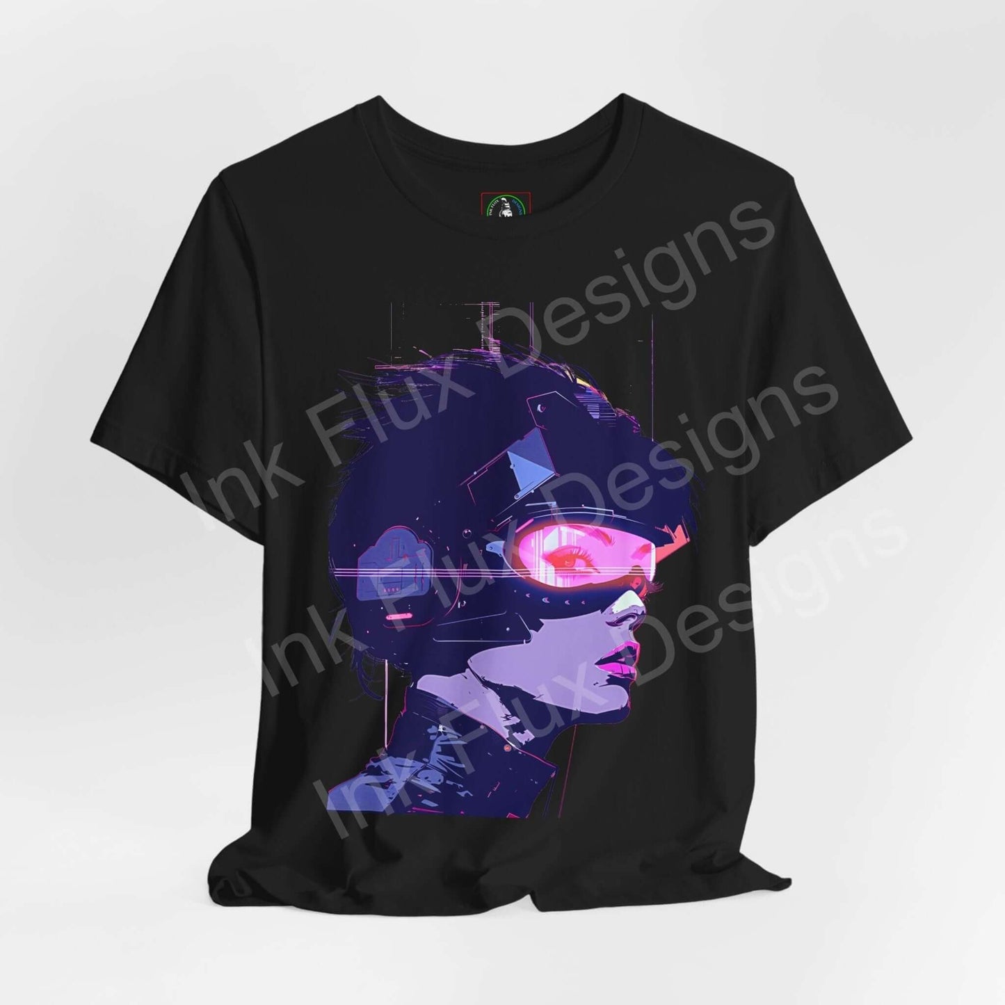 Cyberpunk Woman III graphic tee featuring a vibrant neon-lit design on a black unisex T-shirt, by Bella+Canvas.