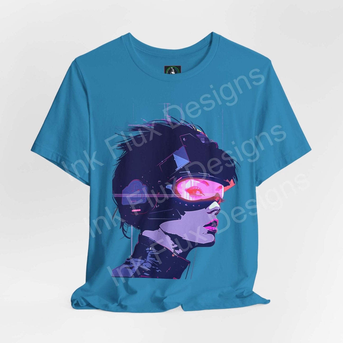 Cyberpunk Woman III graphic tee featuring a vibrant print of a woman with futuristic goggles on a teal T-shirt.