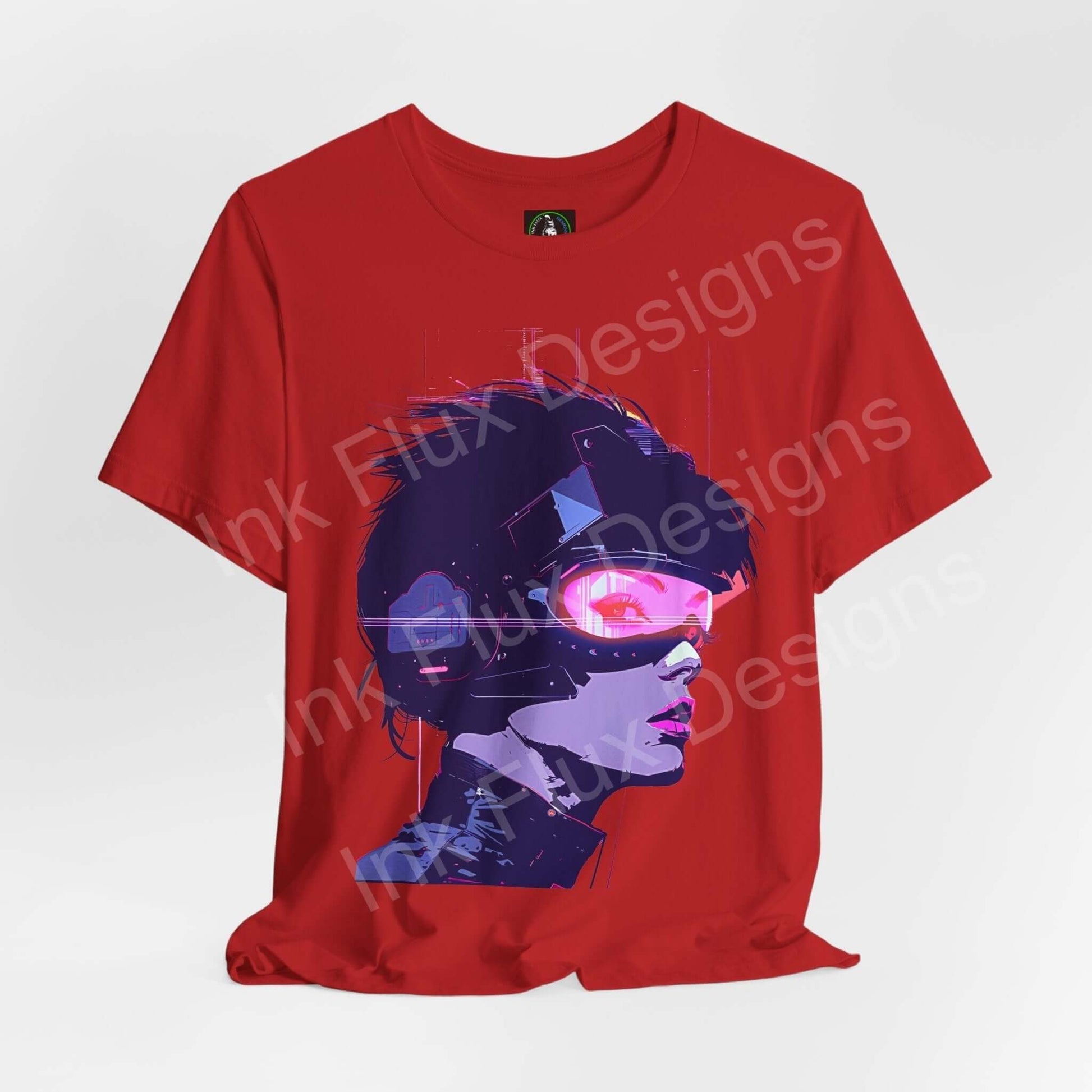 Cyberpunk T-Shirt – Woman III Neon Pulse Futuristic Art by Ink Flux Designs featuring a vibrant illustration on a red shirt.