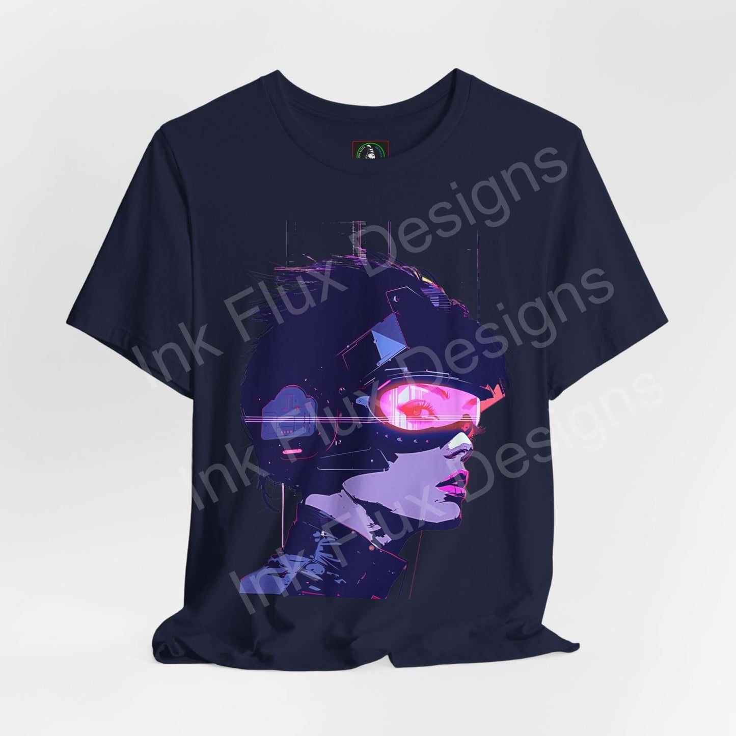 Cyberpunk Woman III graphic tee featuring a vibrant, futuristic design on a dark unisex T-shirt, ideal for fans of cyberpunk style and graphic tees.