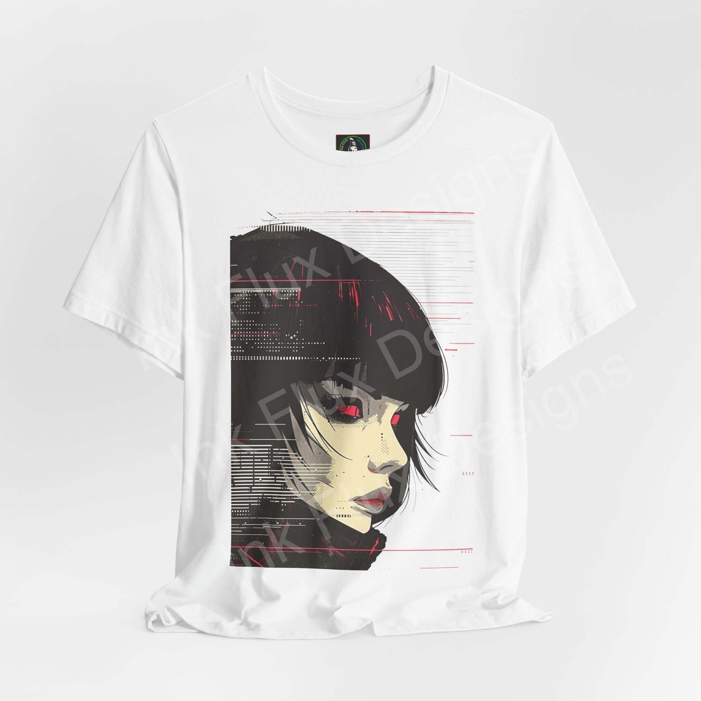 White unisex T-shirt featuring a striking cyberpunk woman graphic in red and black, from the Bella+Canvas collection.