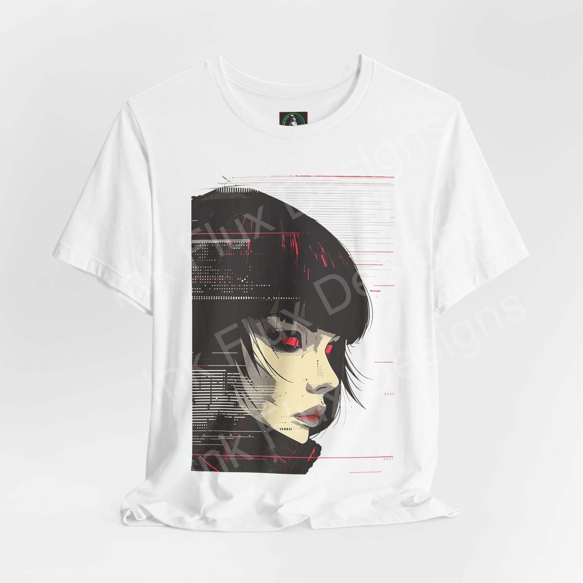 Cyberpunk t-shirt featuring Woman IV neon vision futuristic art by Ink Flux Designs on a white background.