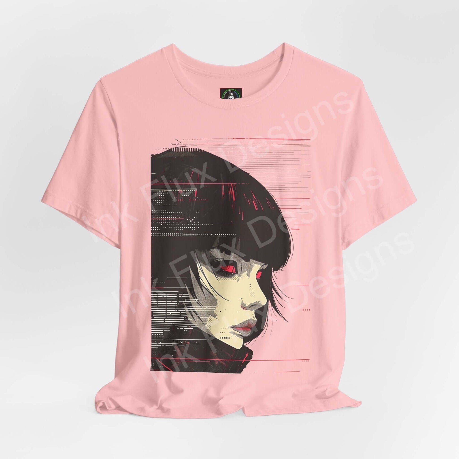 Cyberpunk t-shirt featuring Woman IV neon futuristic art by Ink Flux Designs on a pink background.