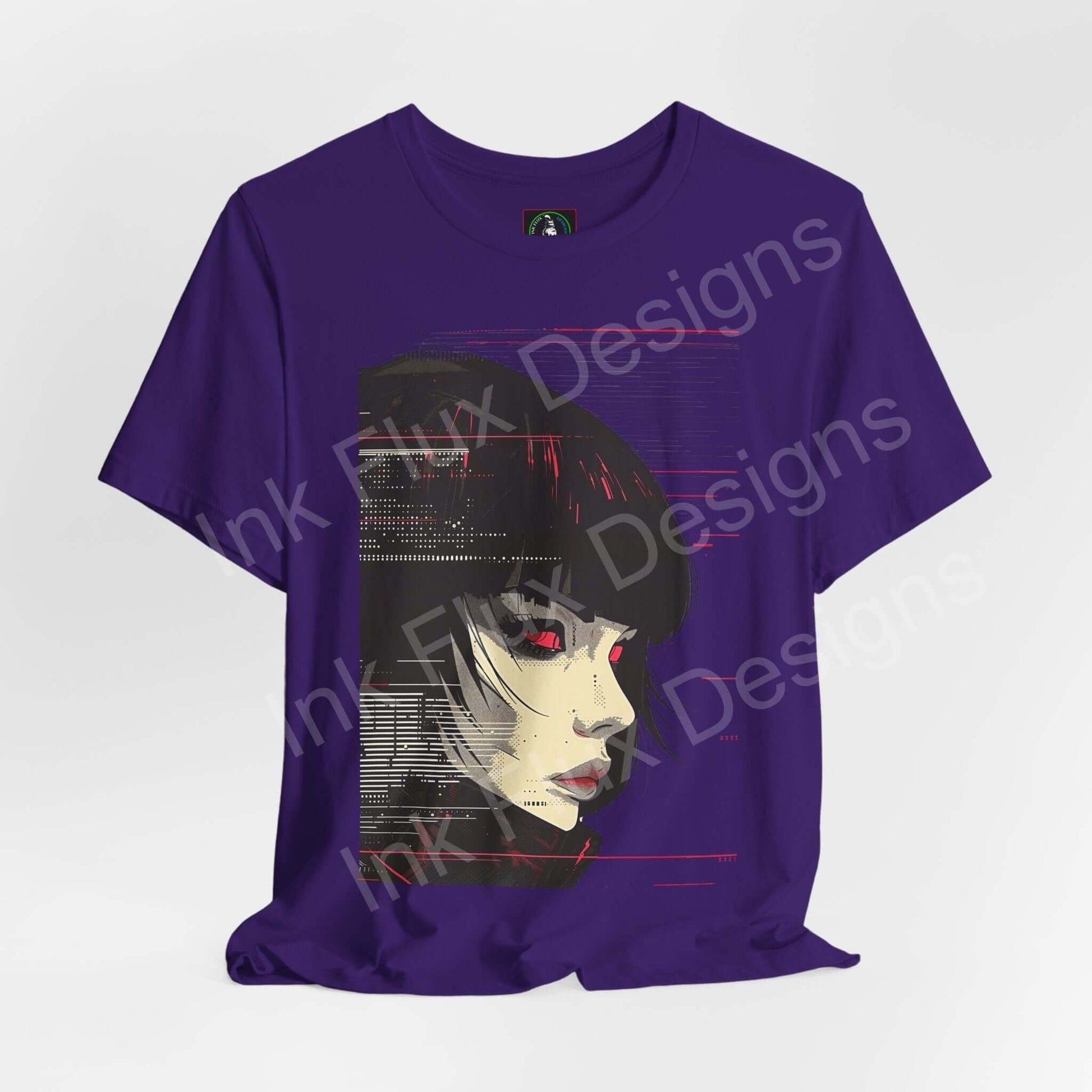 Cyberpunk t-shirt featuring a woman's portrait with neon colors on a purple background by Ink Flux Designs.