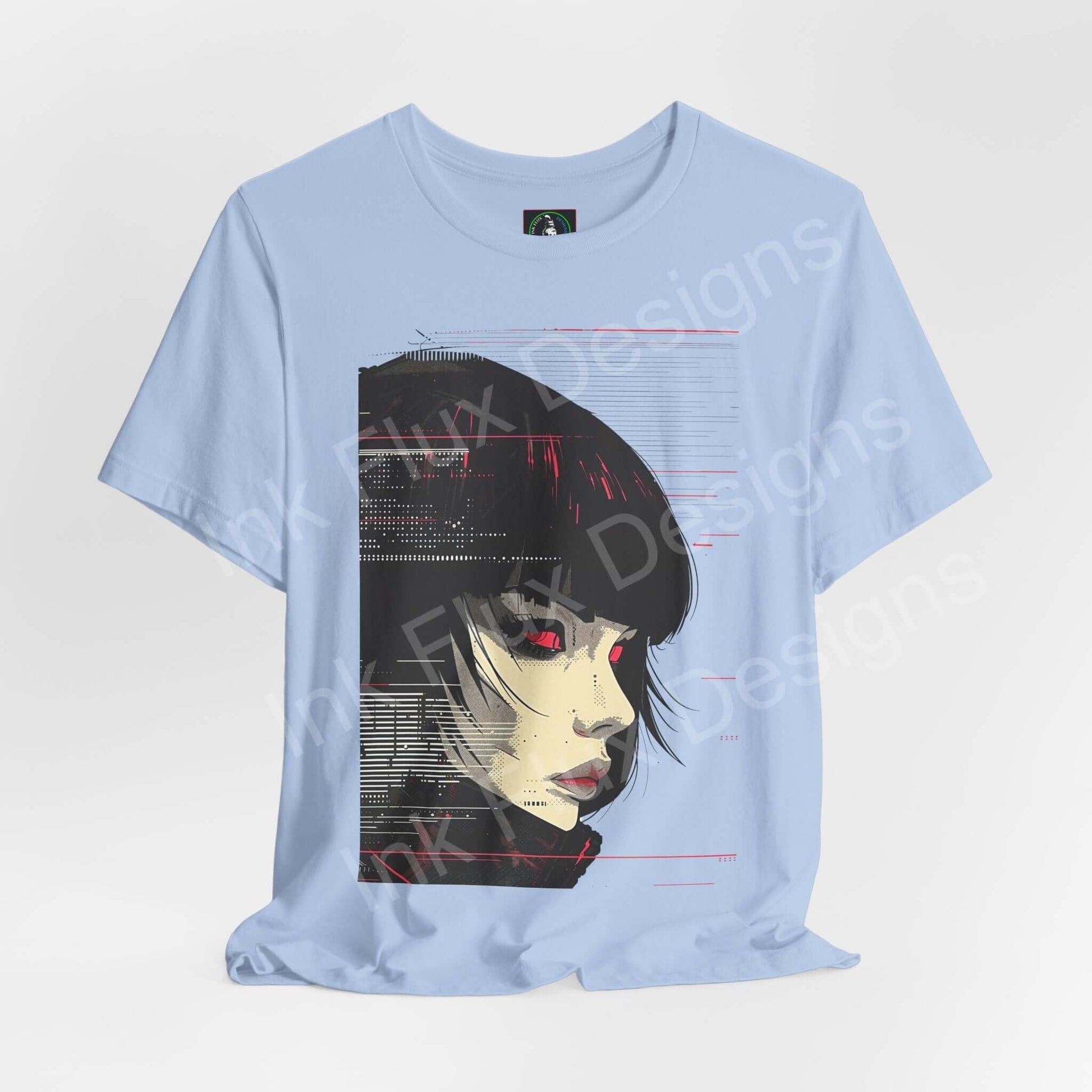 Cyberpunk T-Shirt – Woman IV Neon Vision Futuristic Art by Ink Flux Designs on a light blue shirt.