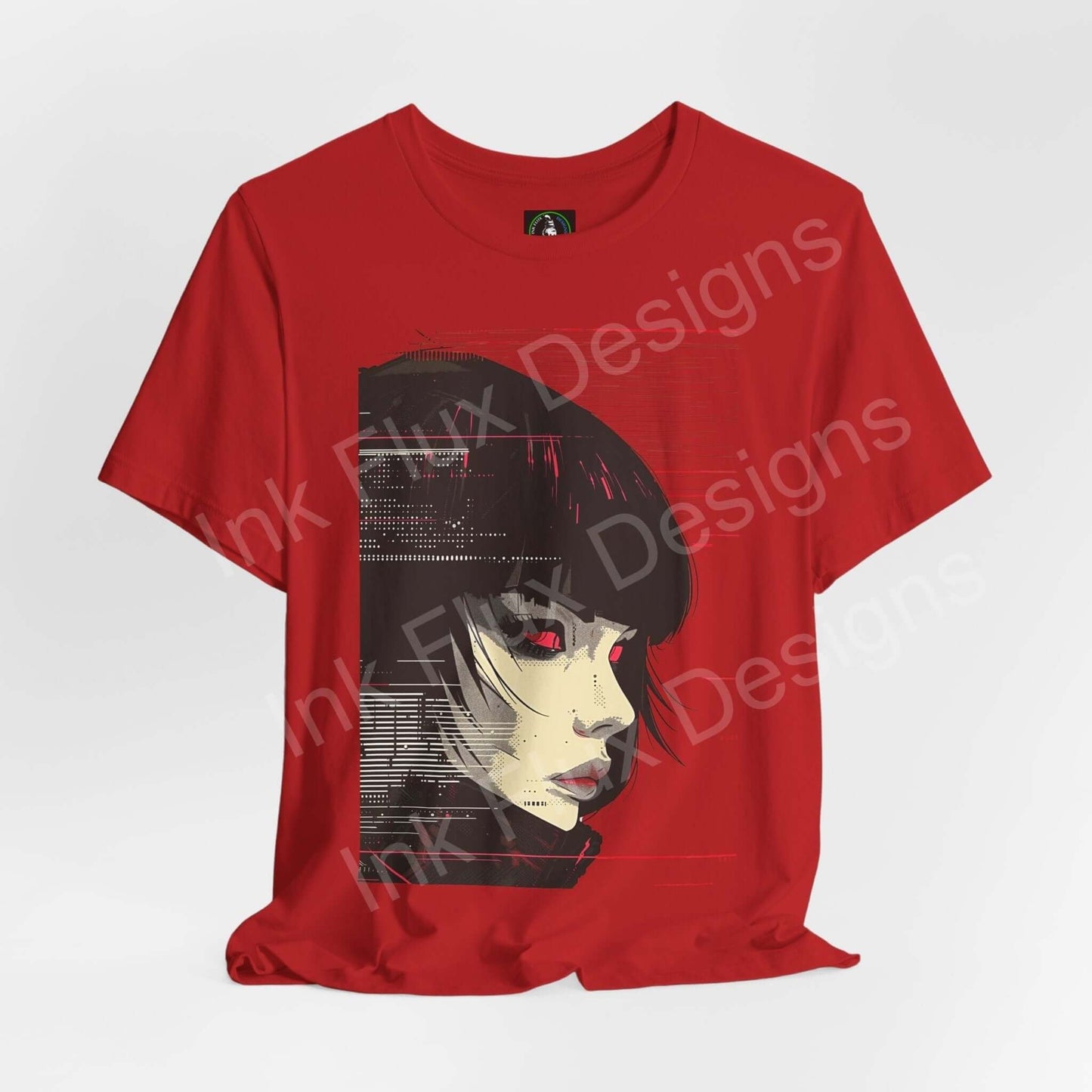 Red cyberpunk graphic tee with a stylized woman's face design, comfortable and ethically made by Bella+Canvas.