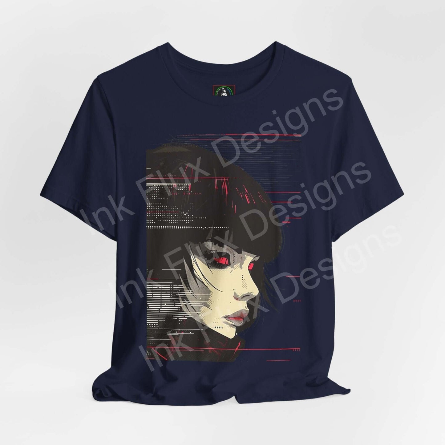 Navy blue unisex Cyberpunk Woman IV graphic tee with stylized female face design in red and white, by Bella+Canvas.