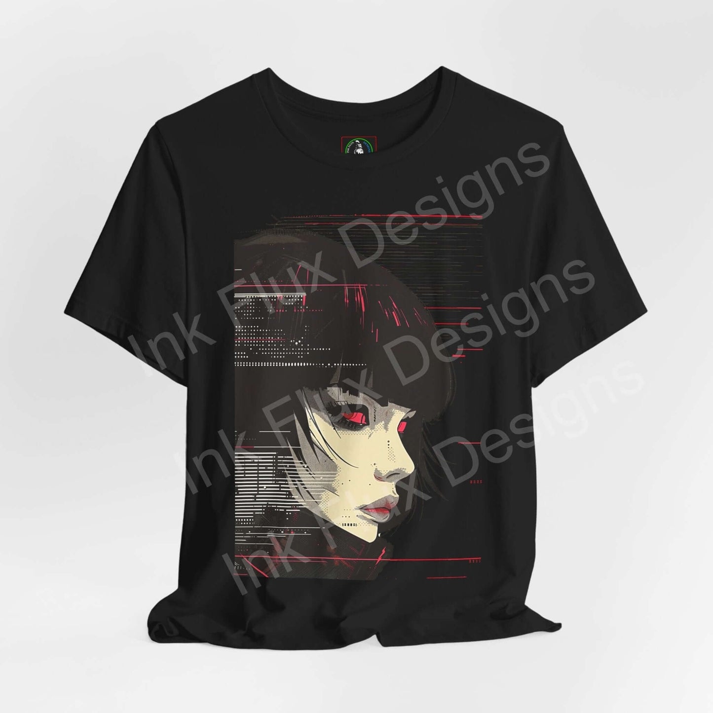 Cyberpunk Woman IV graphic tee with stylized female face design in red and white on a black T-shirt, by Bella+Canvas
