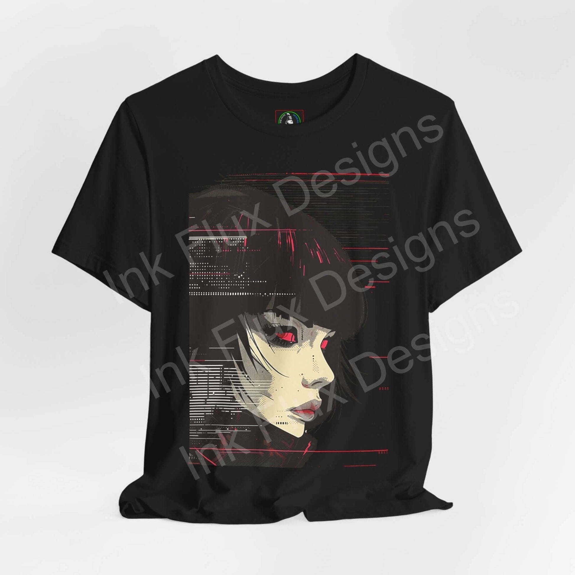 Cyberpunk t-shirt featuring Woman IV design with neon accents by Ink Flux Designs.
