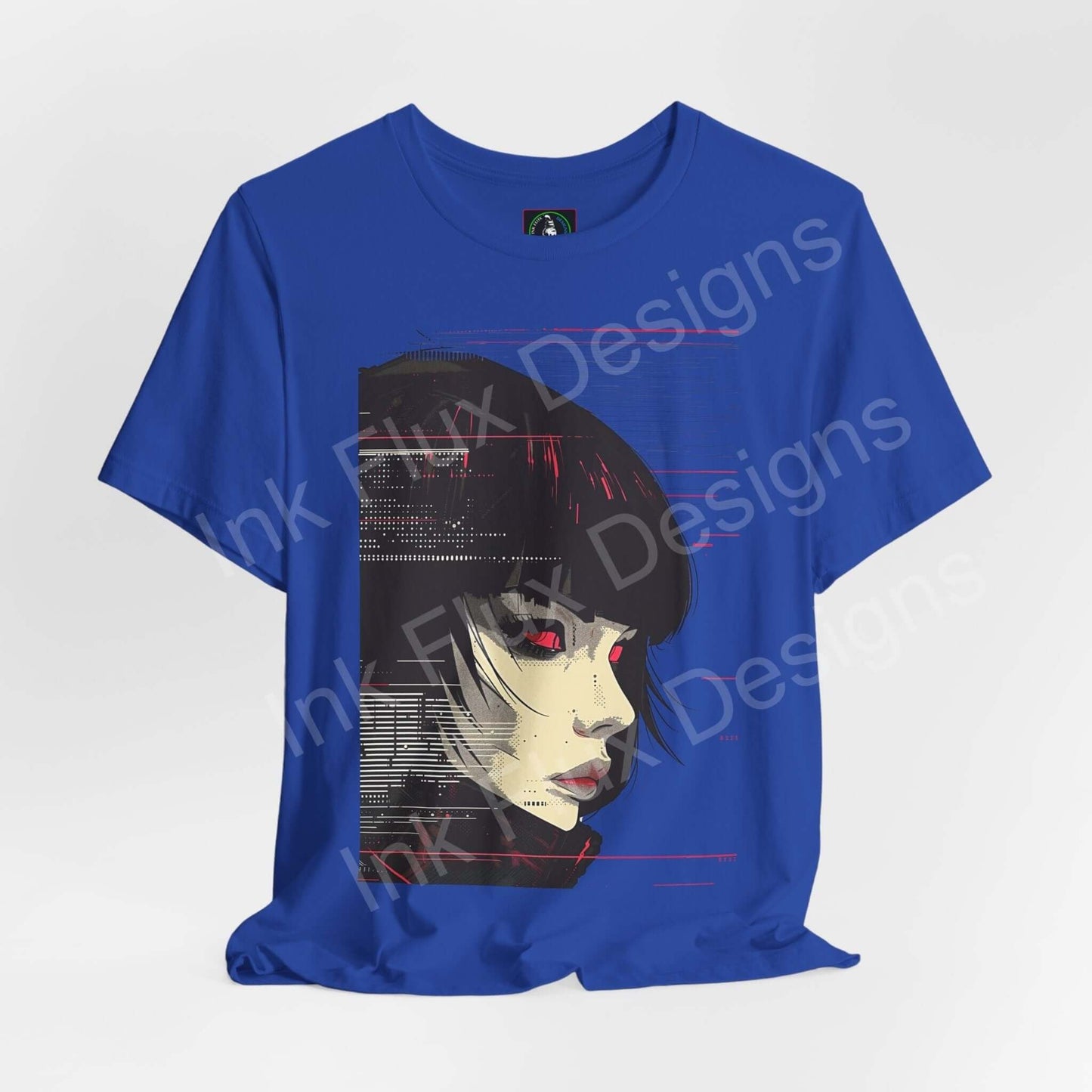 Blue unisex T-shirt featuring a cyberpunk graphic design of a woman's face, combining modern aesthetic with bold colors, ideal for fans of graphic tees.