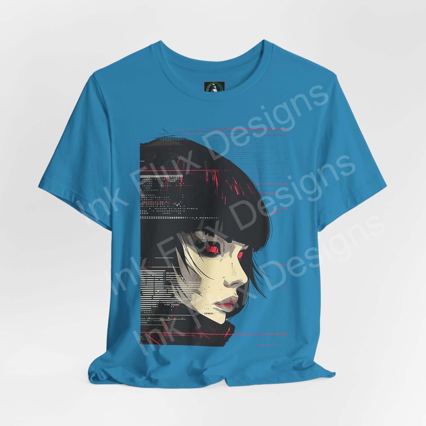 Cyberpunk Woman IV graphic tee in teal, featuring a stylized female face with red accents on breathable cotton fabric, ideal for fashion-forward T-shirt enthusiasts.