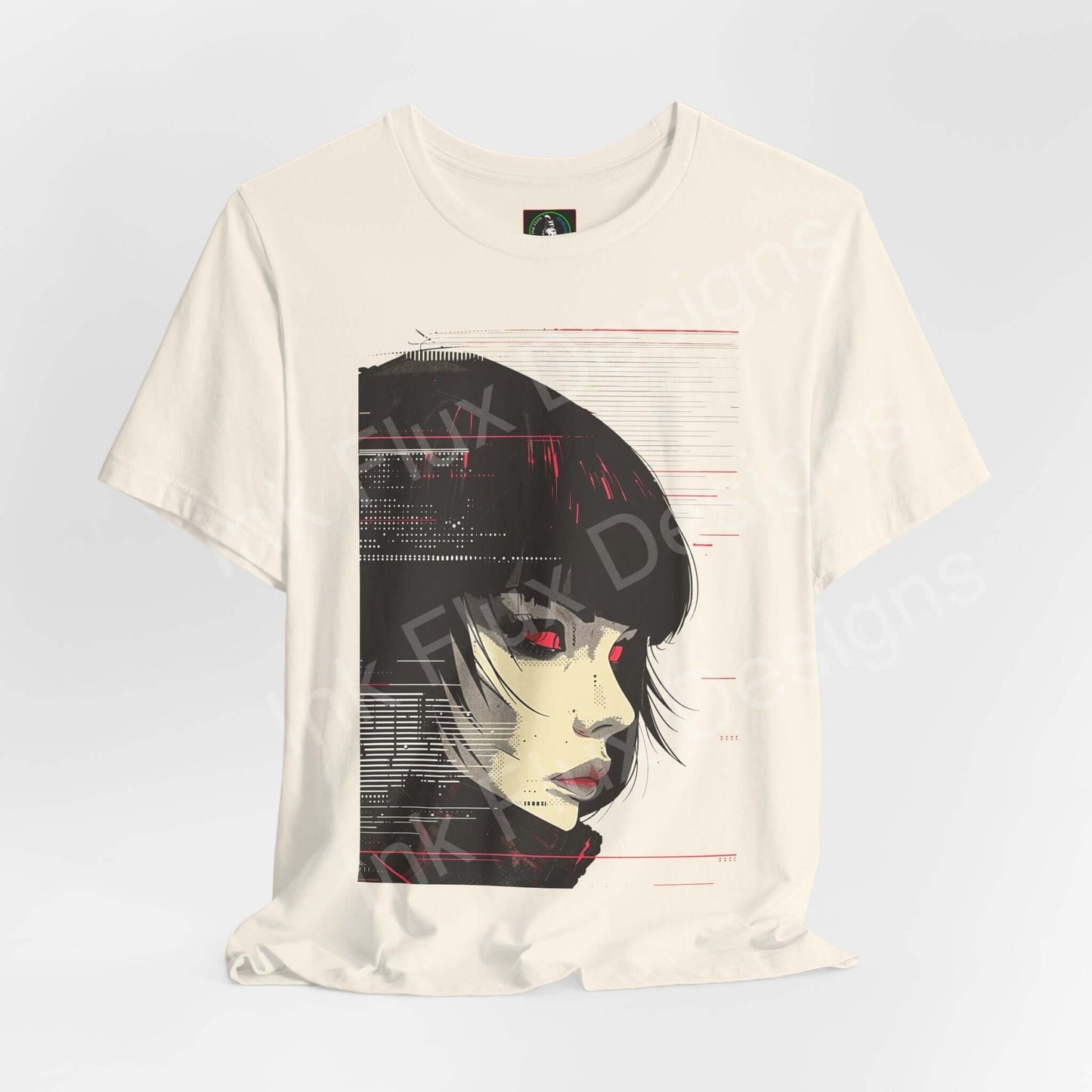 Cyberpunk Woman IV graphic tee featuring a stylized female face in red and black on a cream T-shirt, designed by Bella+Canvas.