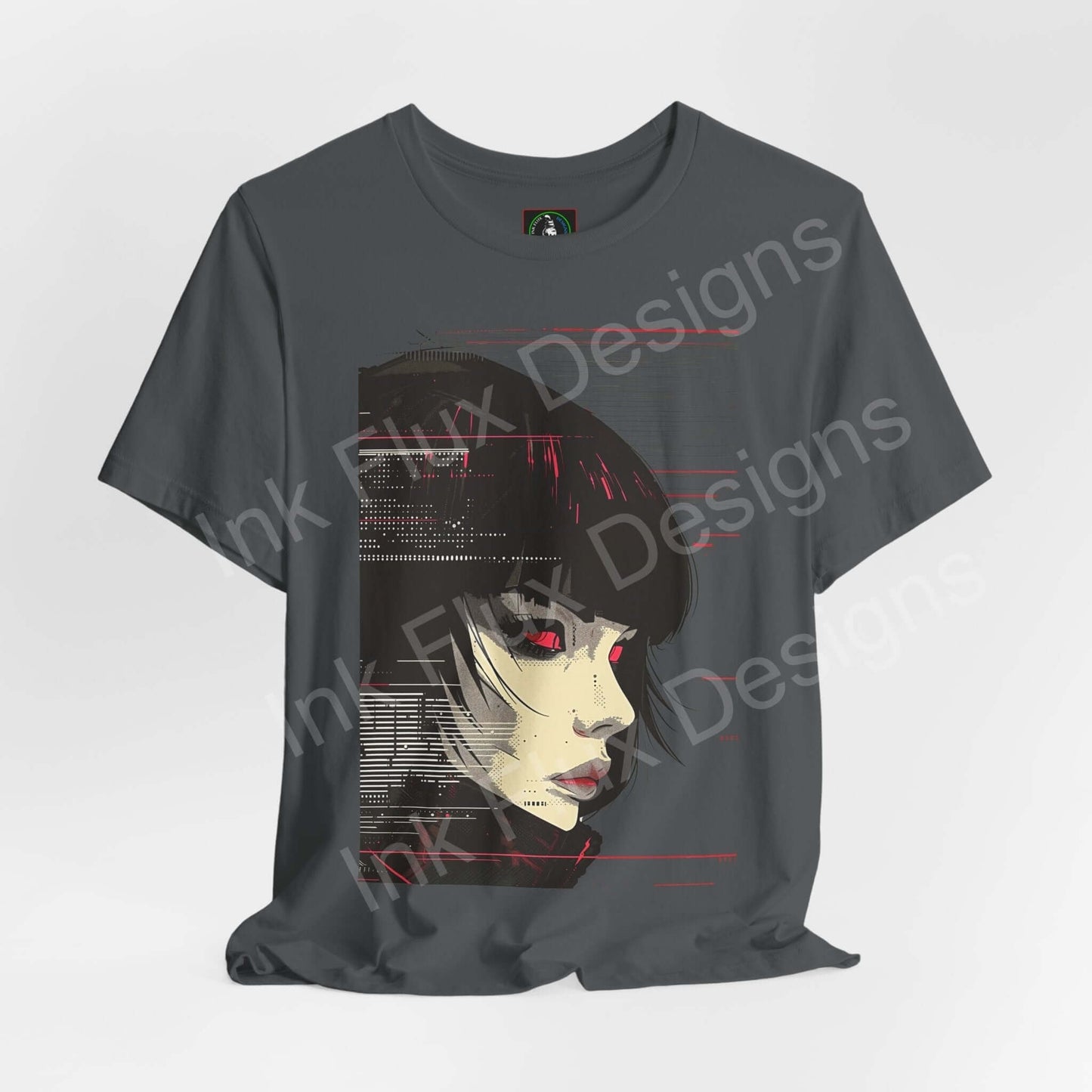 Cyberpunk Woman IV graphic tee featuring a stylized female face in red and white on a dark gray shirt, by Bella+Canvas.